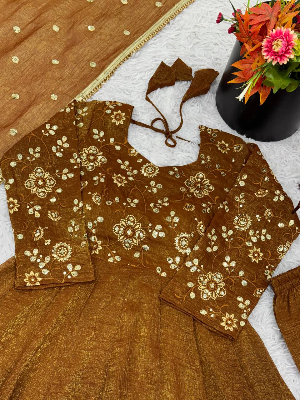 Golden Color Flaired Anarkali Dress | Nardev Fashion