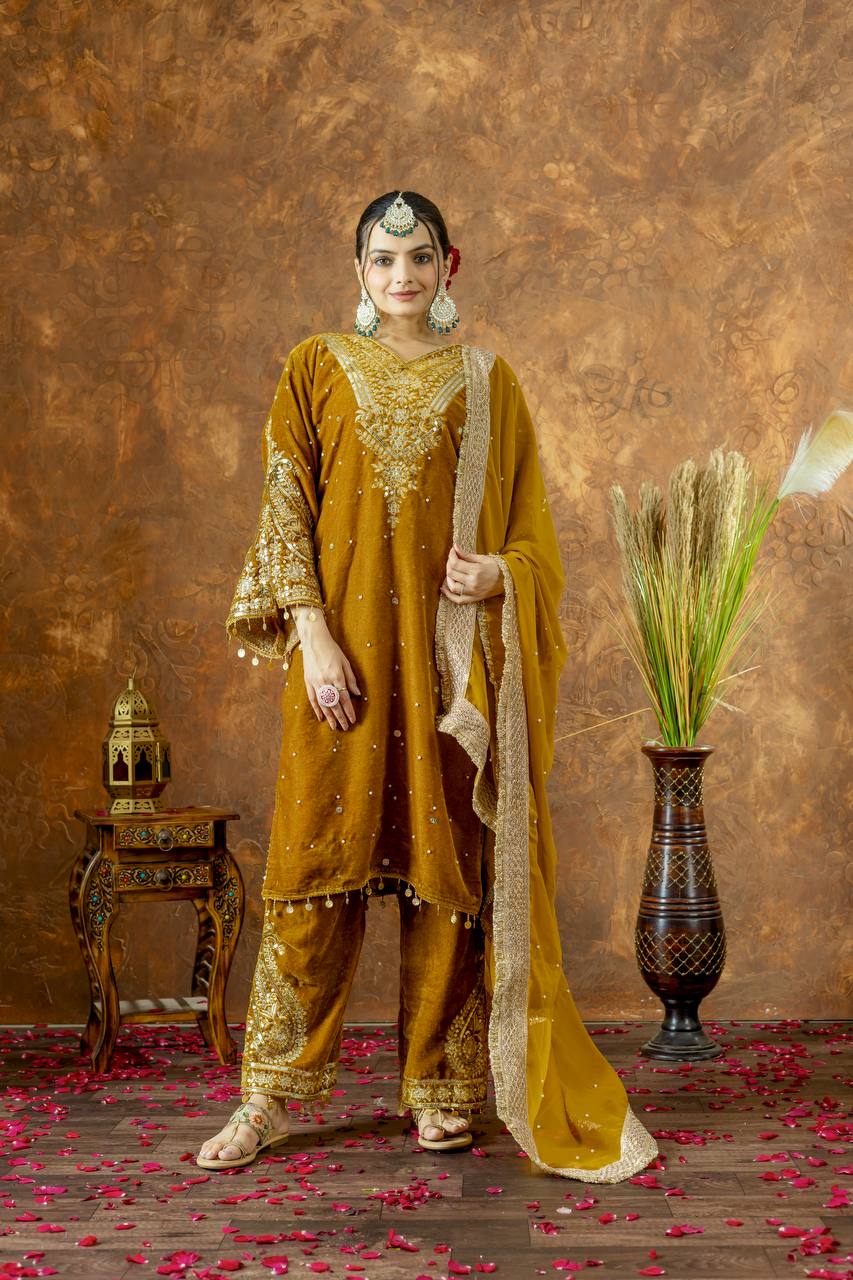 Golden Color Winter Velvet Suit – Ready to Wear (M–XXL) | Nardev Fashion