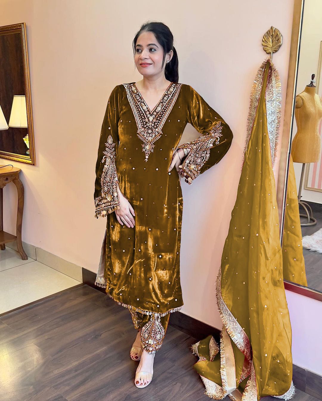 Golden Color Winter Velvet Suit – Ready to Wear (M–XXL) | Nardev Fashion