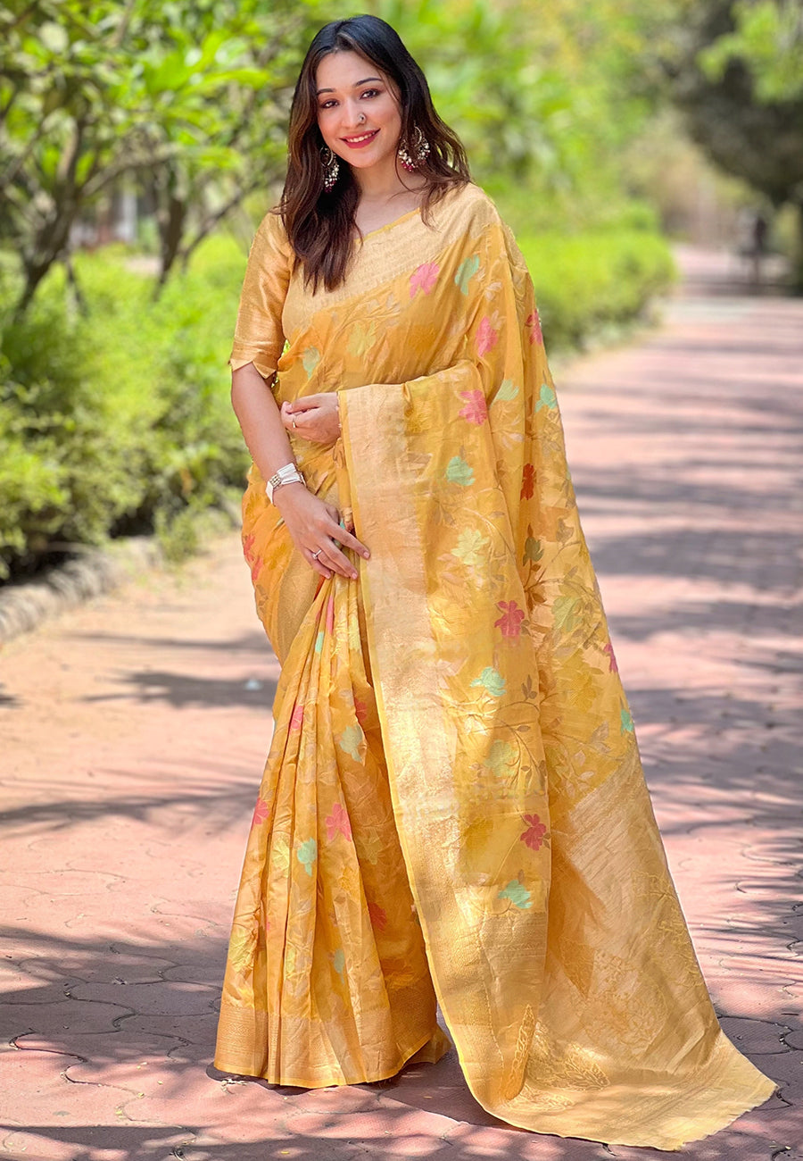 Golden Organza Floral Zari Woven Saree