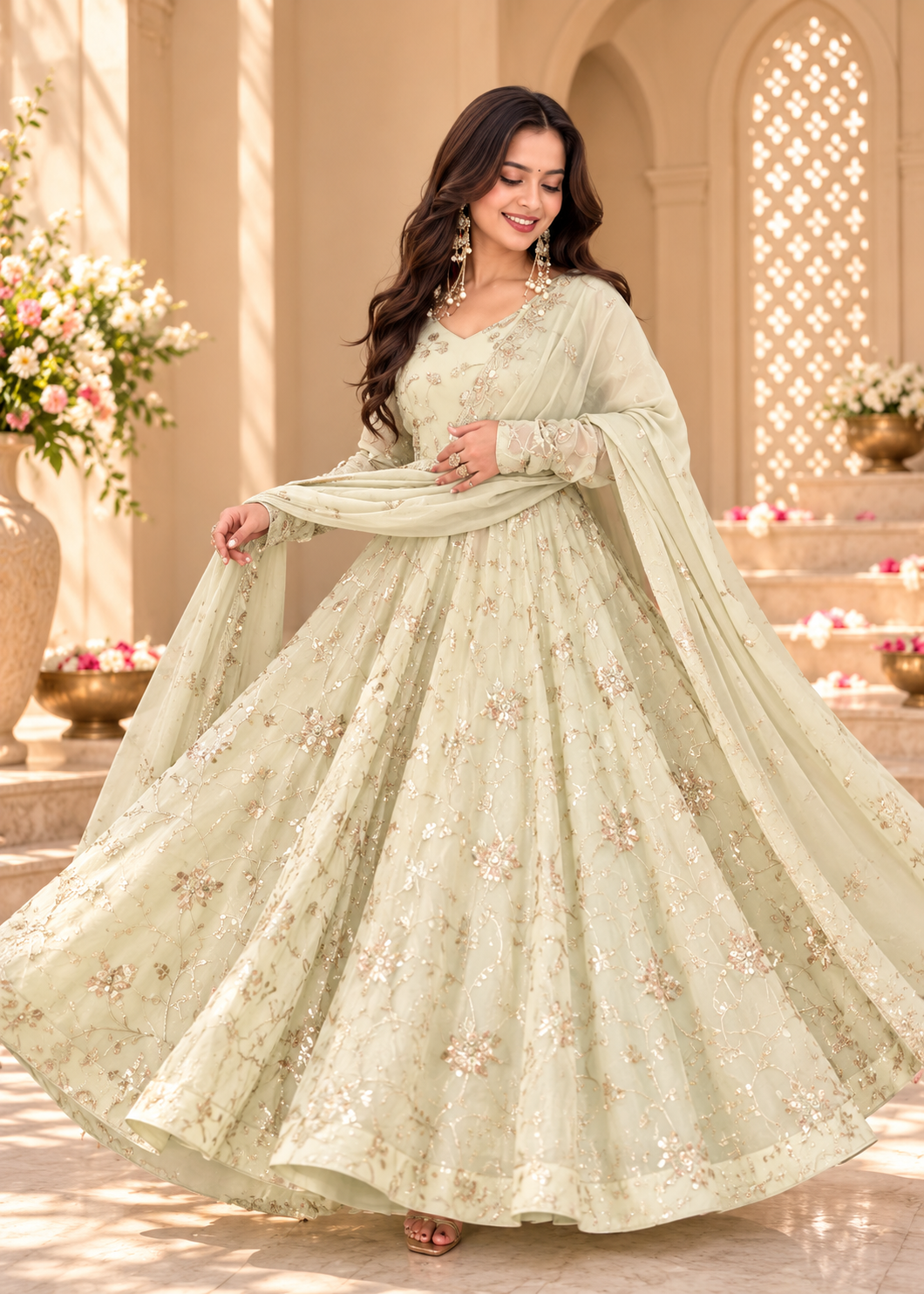 Ivory White Fendy Silk Embroidered Anarkali Gown Set with Dupatta