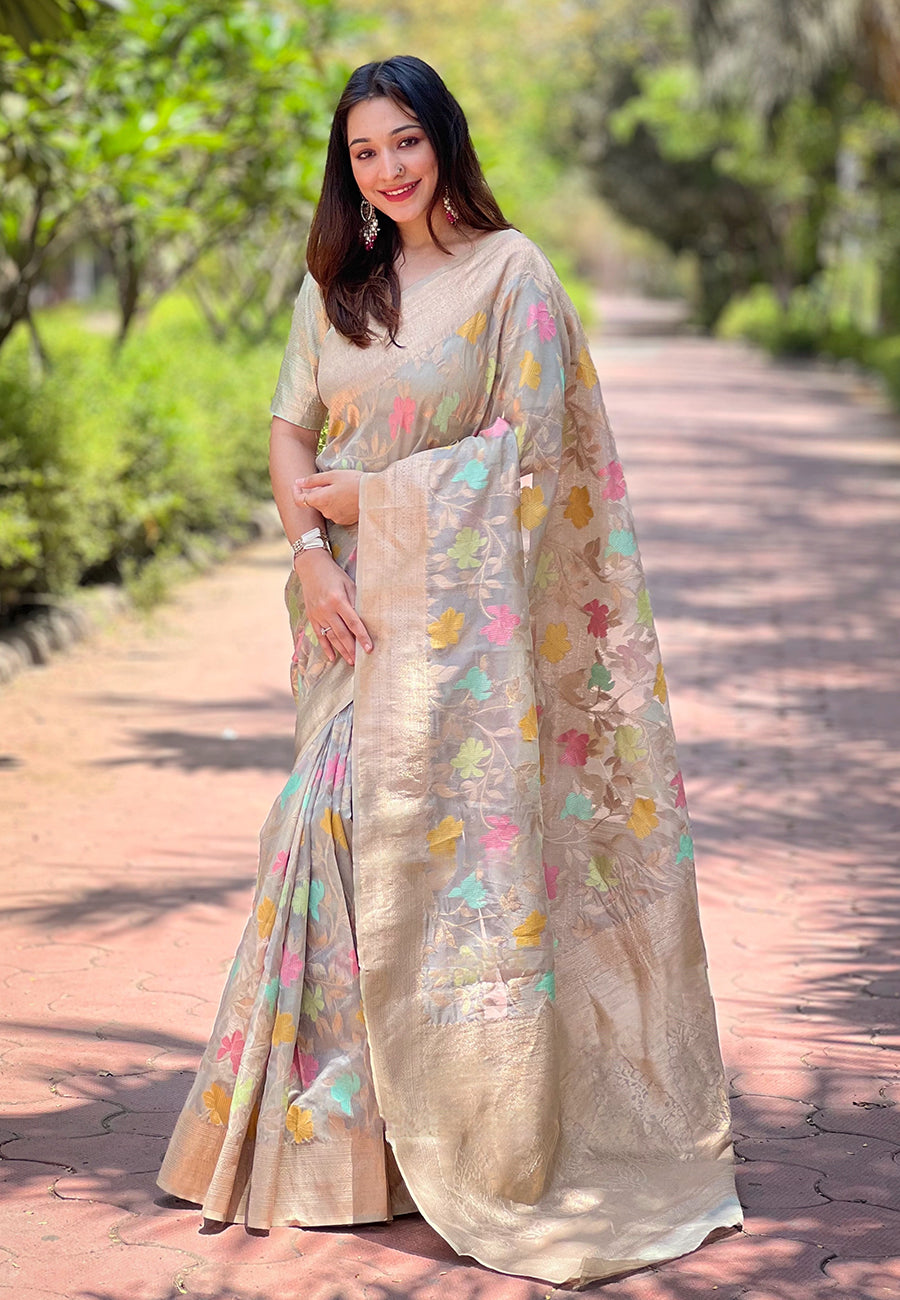 Gray Organza Floral Zari Woven Saree