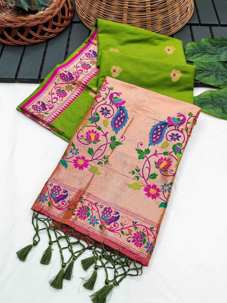 Green Banarasi Paithani Silk Saree with Zari Pallu | Soft Silk Saree – Nardev Fashion