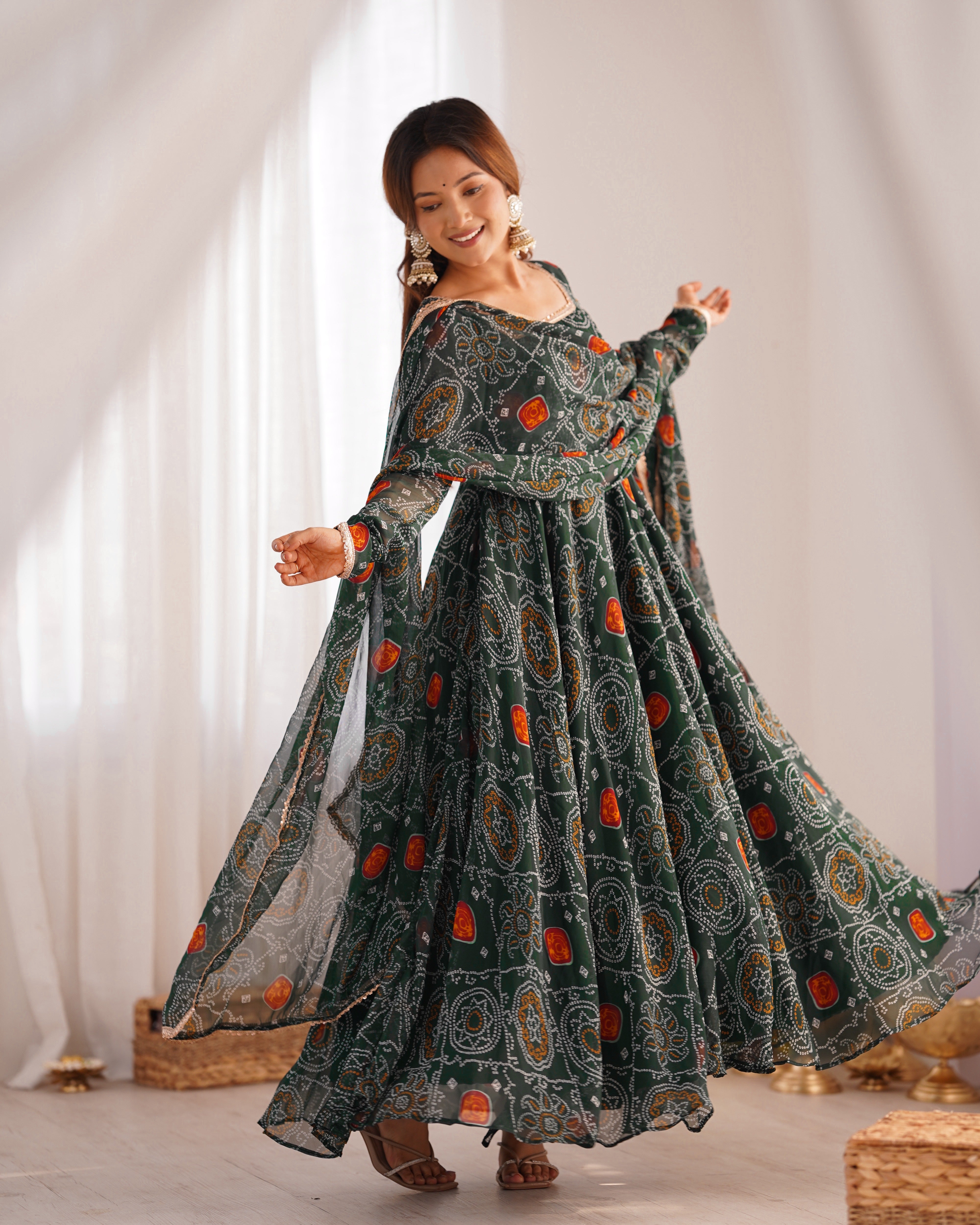 Green Color Chiffon Floral Anarkali | Nardev Fashion