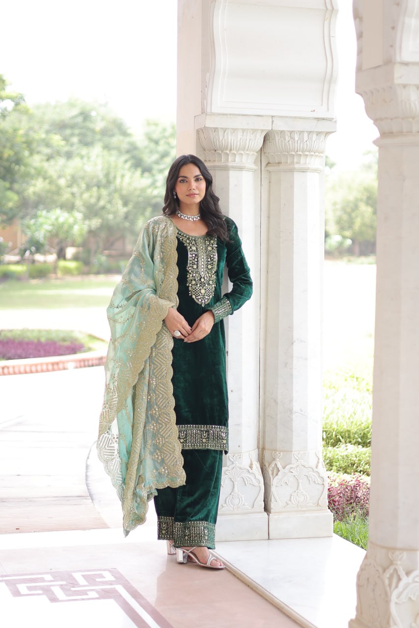 Green Color Velvet Sequins & Zari Embroidered 3-Piece Set | Nardev Fashion
