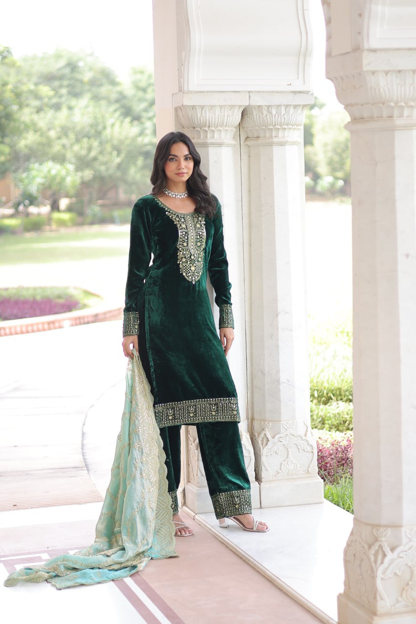 Green Color Velvet Sequins & Zari Embroidered 3-Piece Set | Nardev Fashion