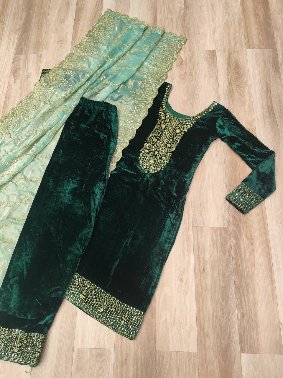 Green Color Velvet Sequins & Zari Embroidered 3-Piece Set | Nardev Fashion