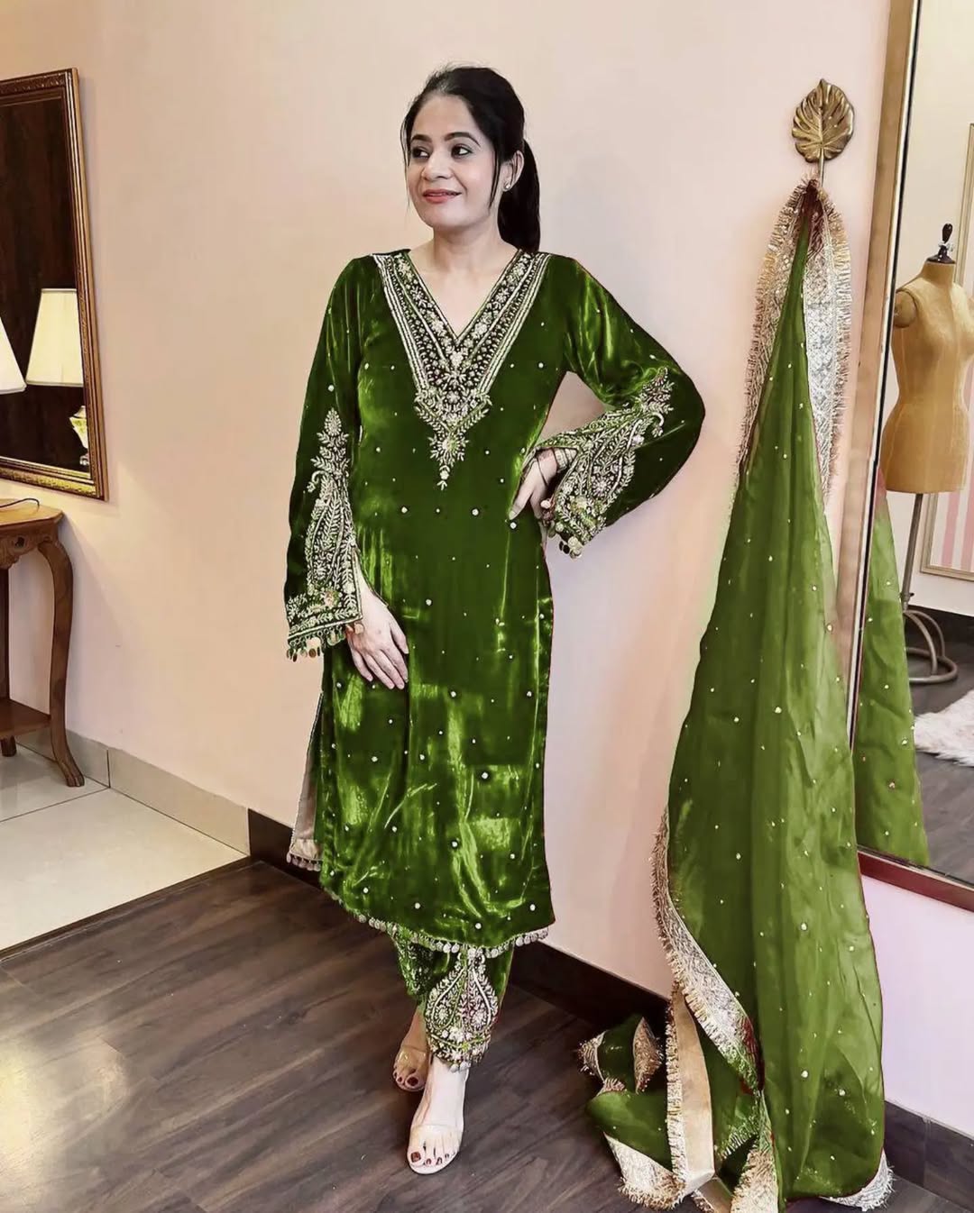 Green Color Winter Velvet Suit – Ready to Wear (M–XXL) | Nardev Fashion