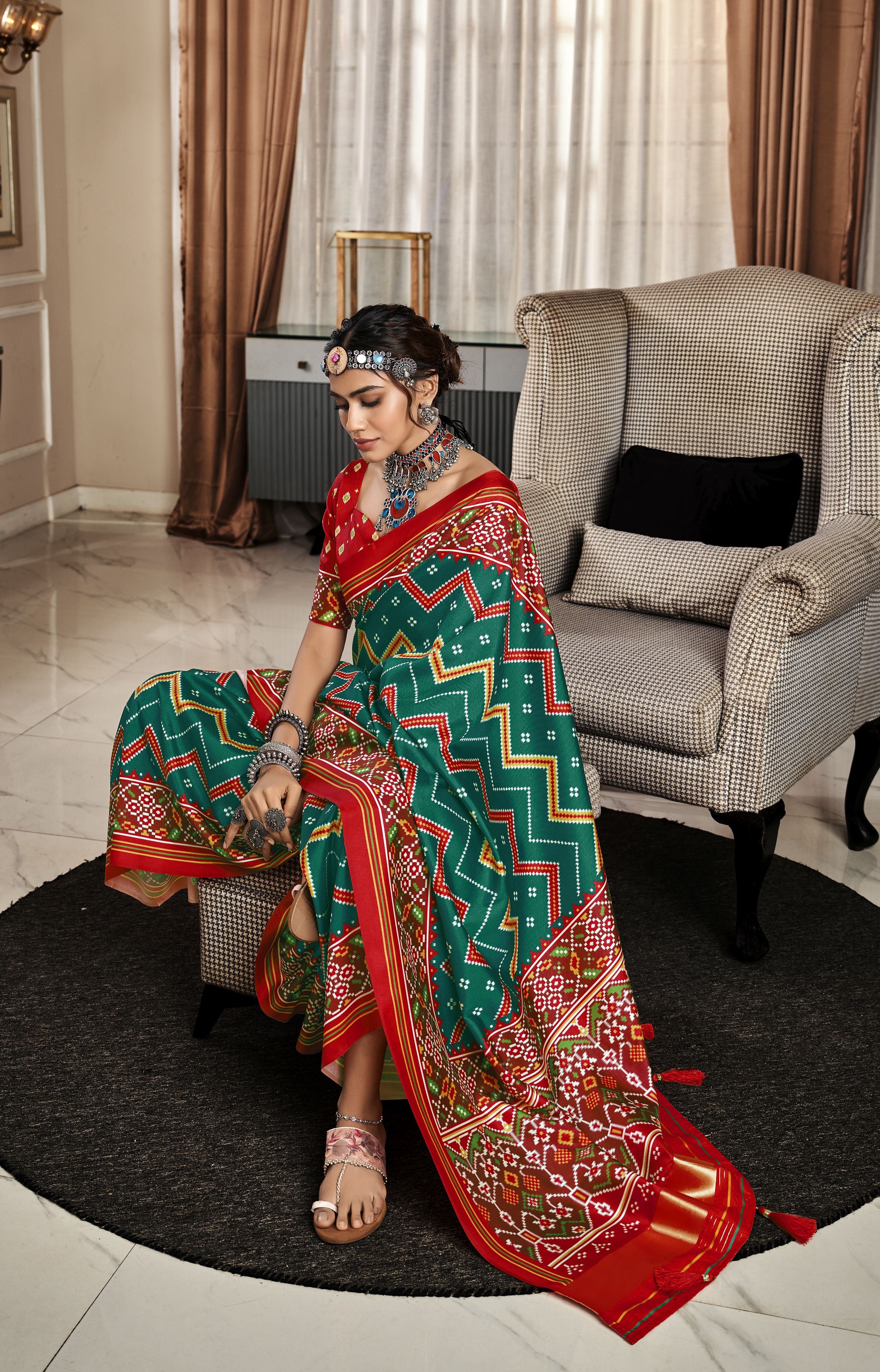 Green With Red Royal Patola Print Saree