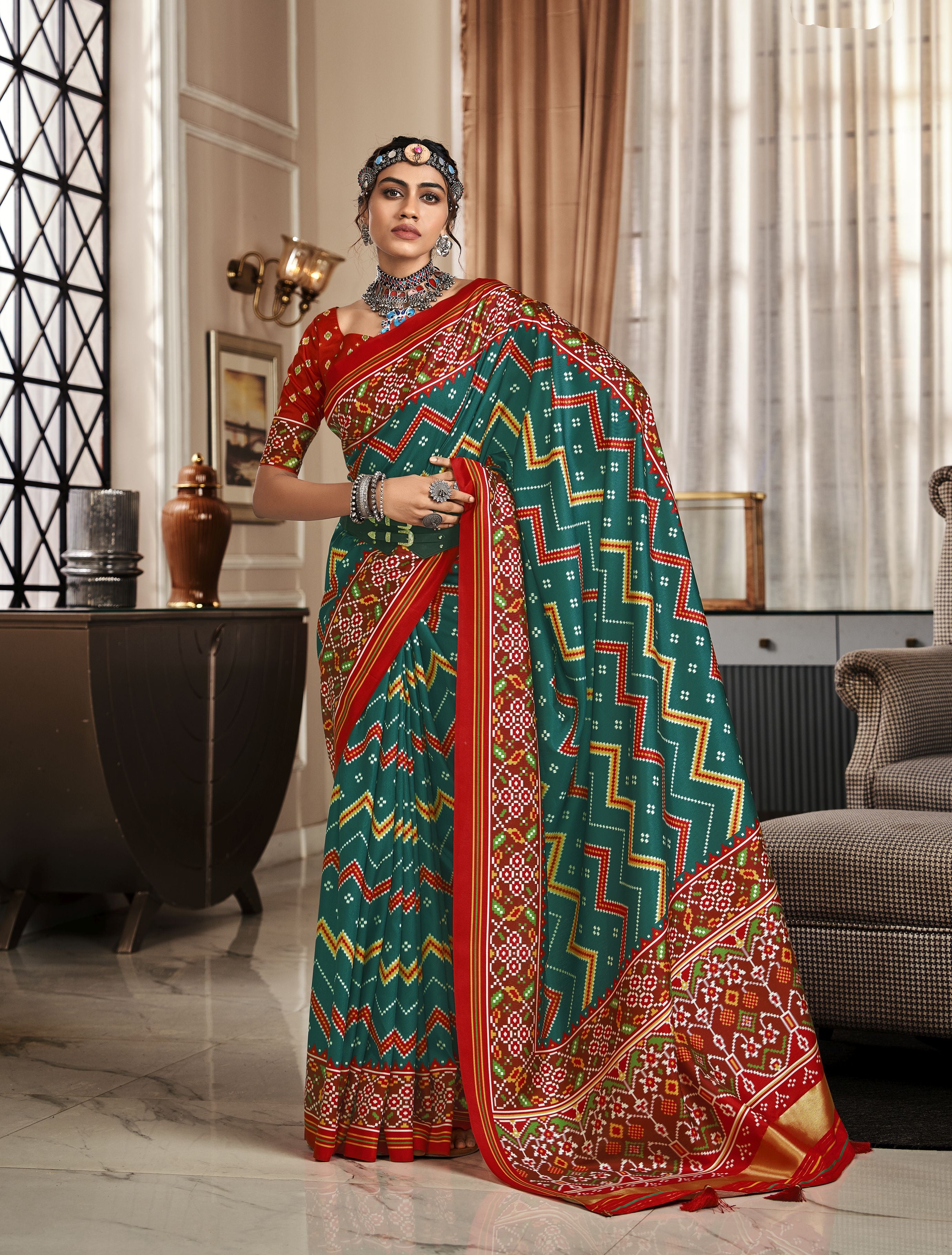 Green With Red Royal Patola Print Saree