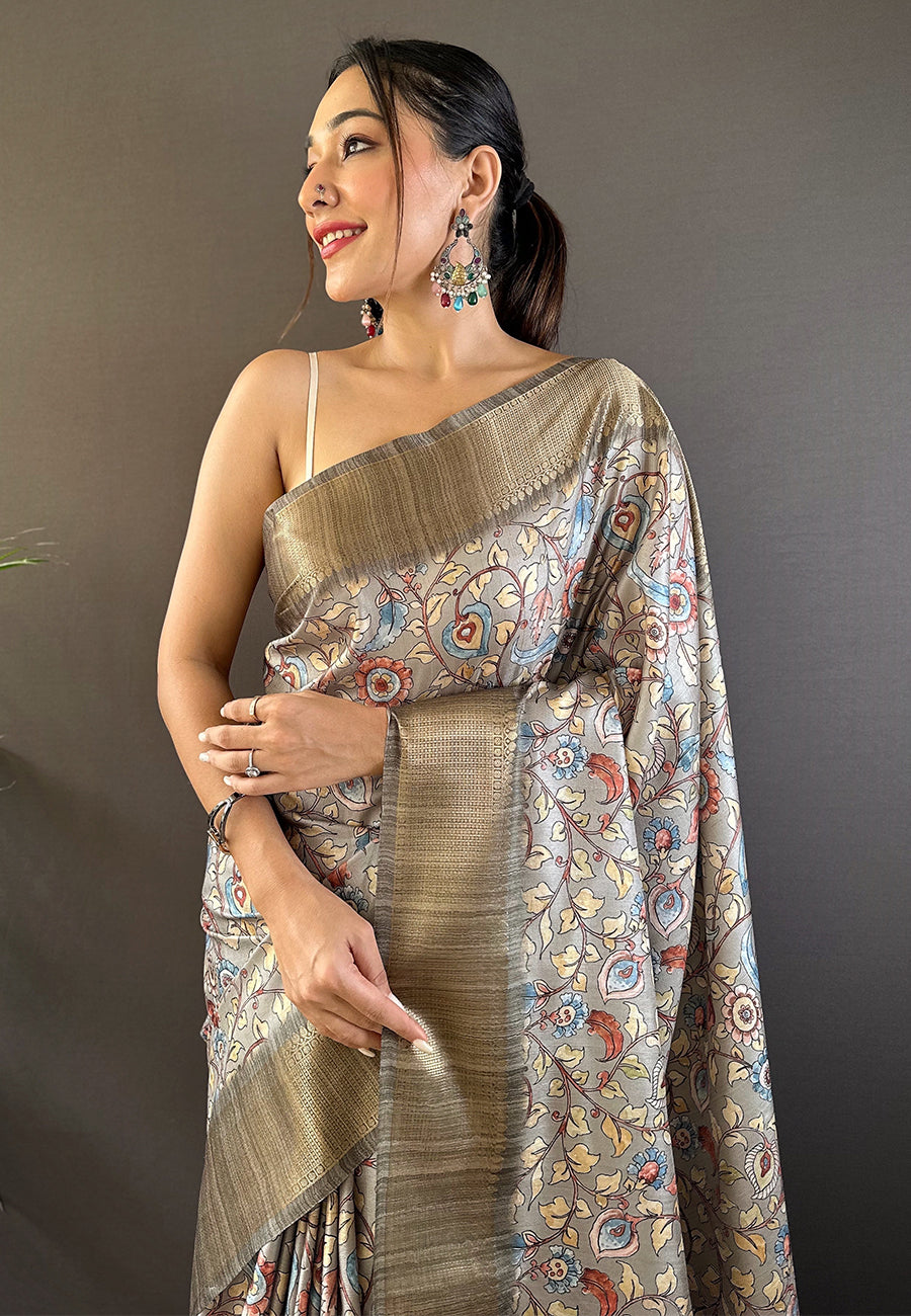 Grey Assam Silk Kalamkari Printed Saree