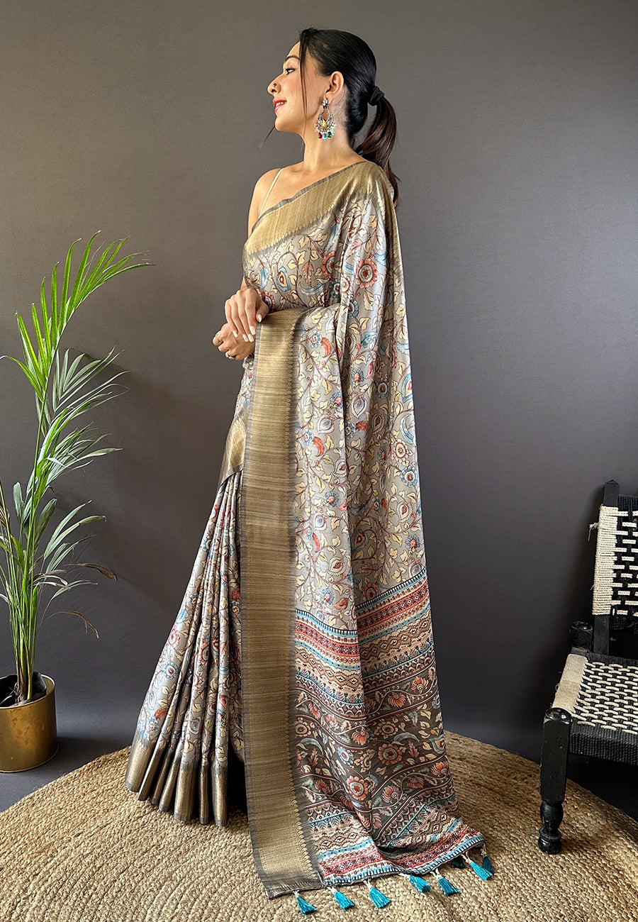 Grey Assam Silk Kalamkari Printed Saree