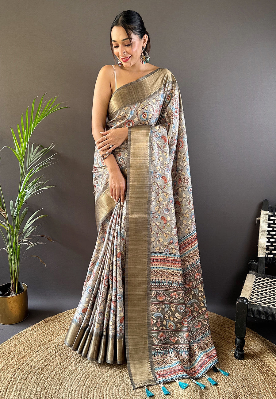 Grey Assam Silk Kalamkari Printed Saree