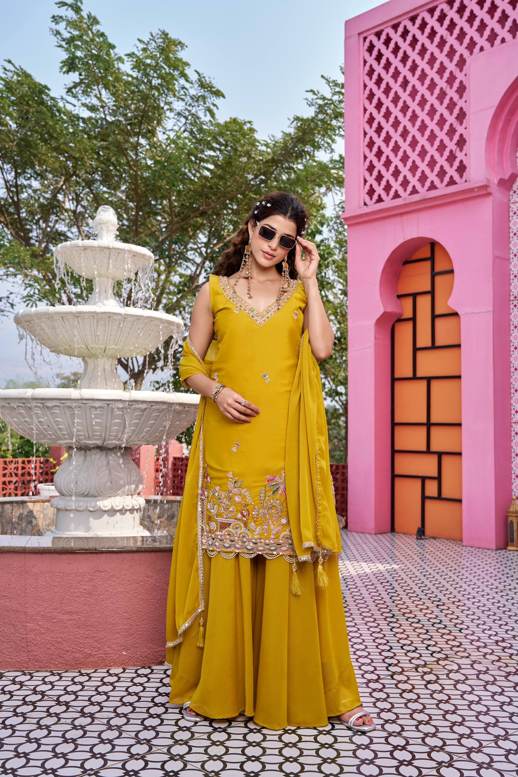 Haldi Special Designer Kurti Plazzo Dupatta Set with Moti Work | Nardev Fashion