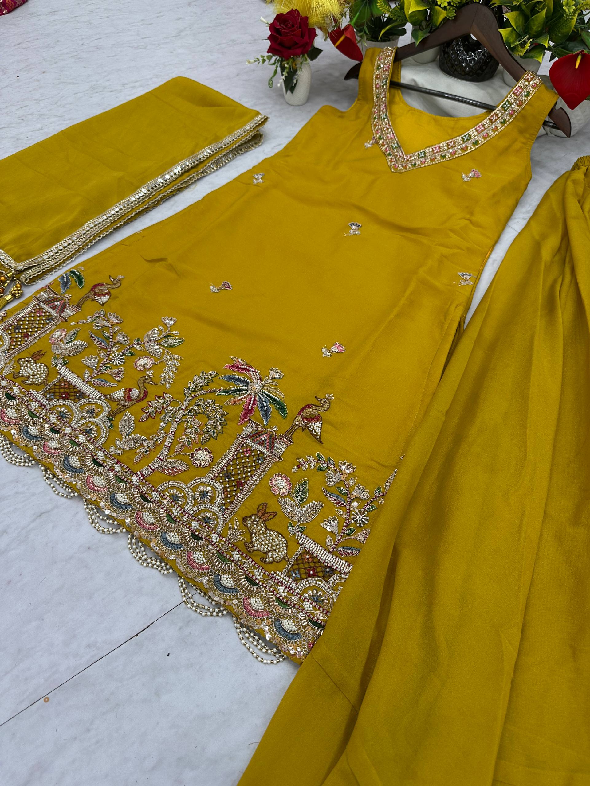 Haldi Special Designer Kurti Plazzo Dupatta Set with Moti Work | Nardev Fashion