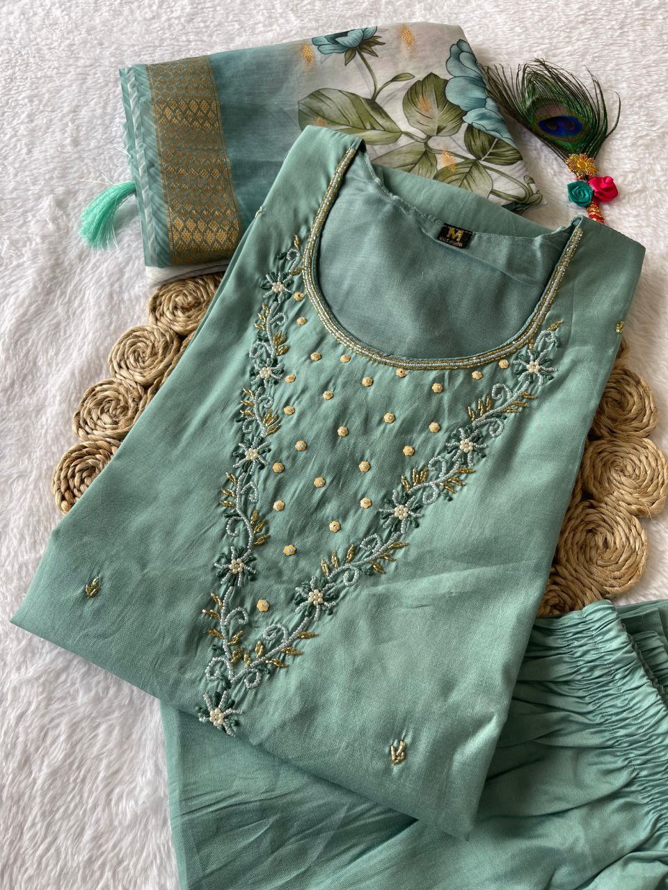 Handwork Kurti Pant with Dupatta Set