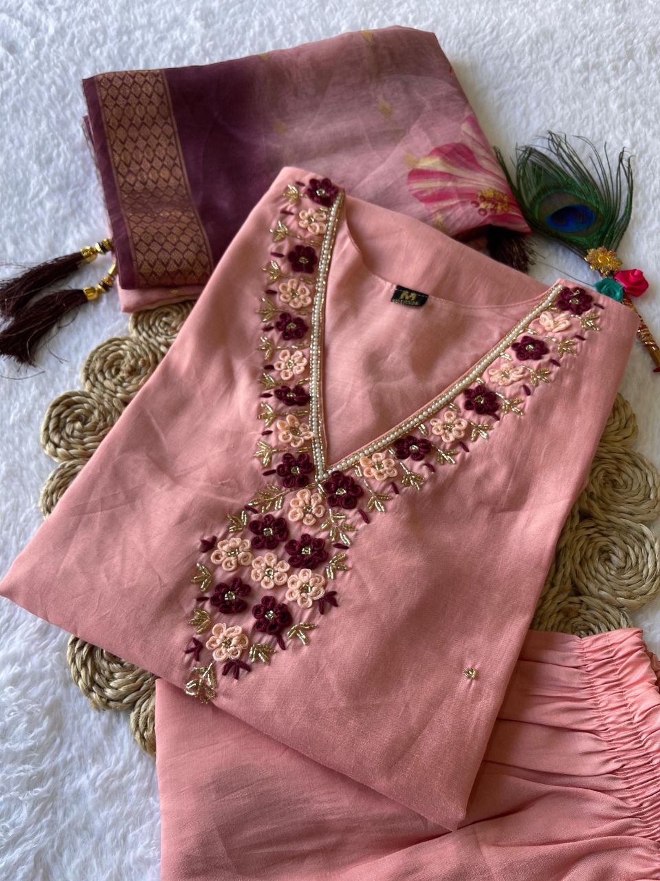 Handwork Kurti Pant with Dupatta Set