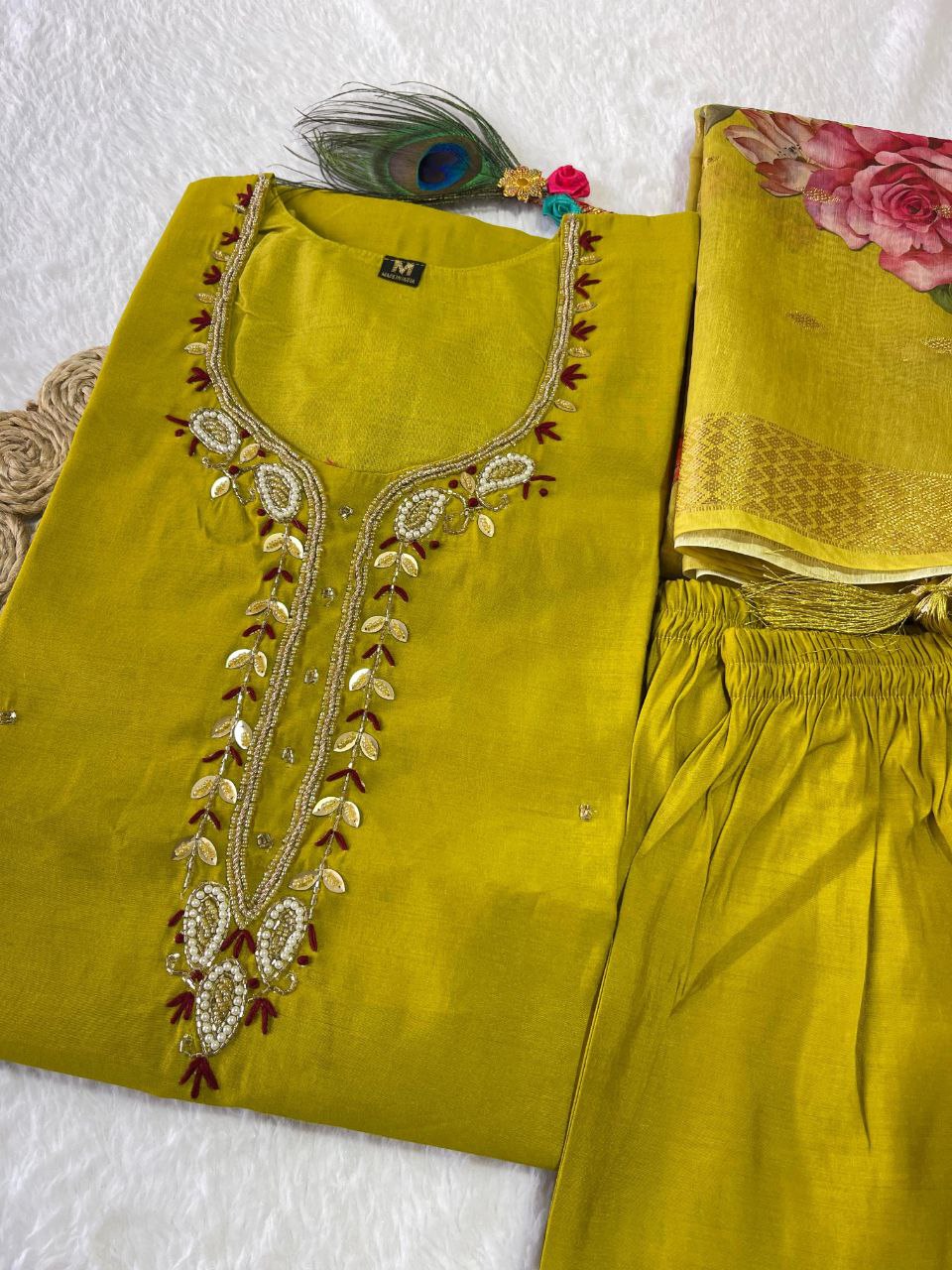 Handwork Kurti Pant with Dupatta Set