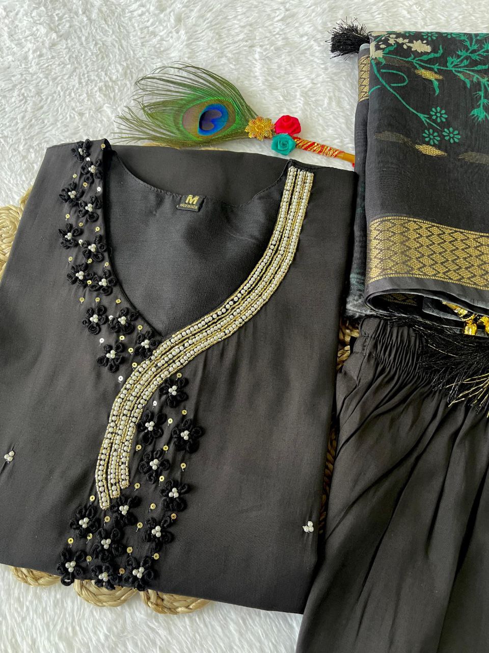 Handwork Kurti Pant with Dupatta Set