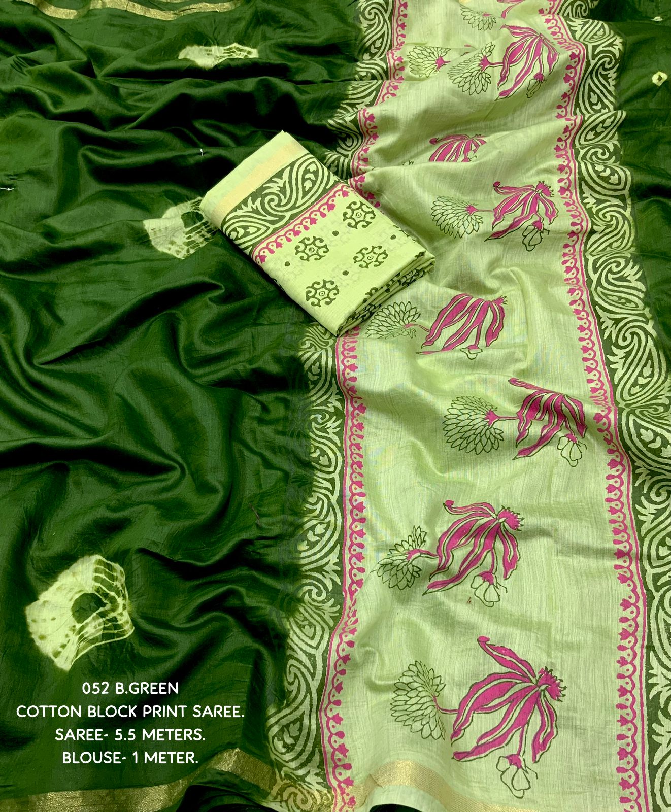Green Chanderi Cotton Shibori Print Sari