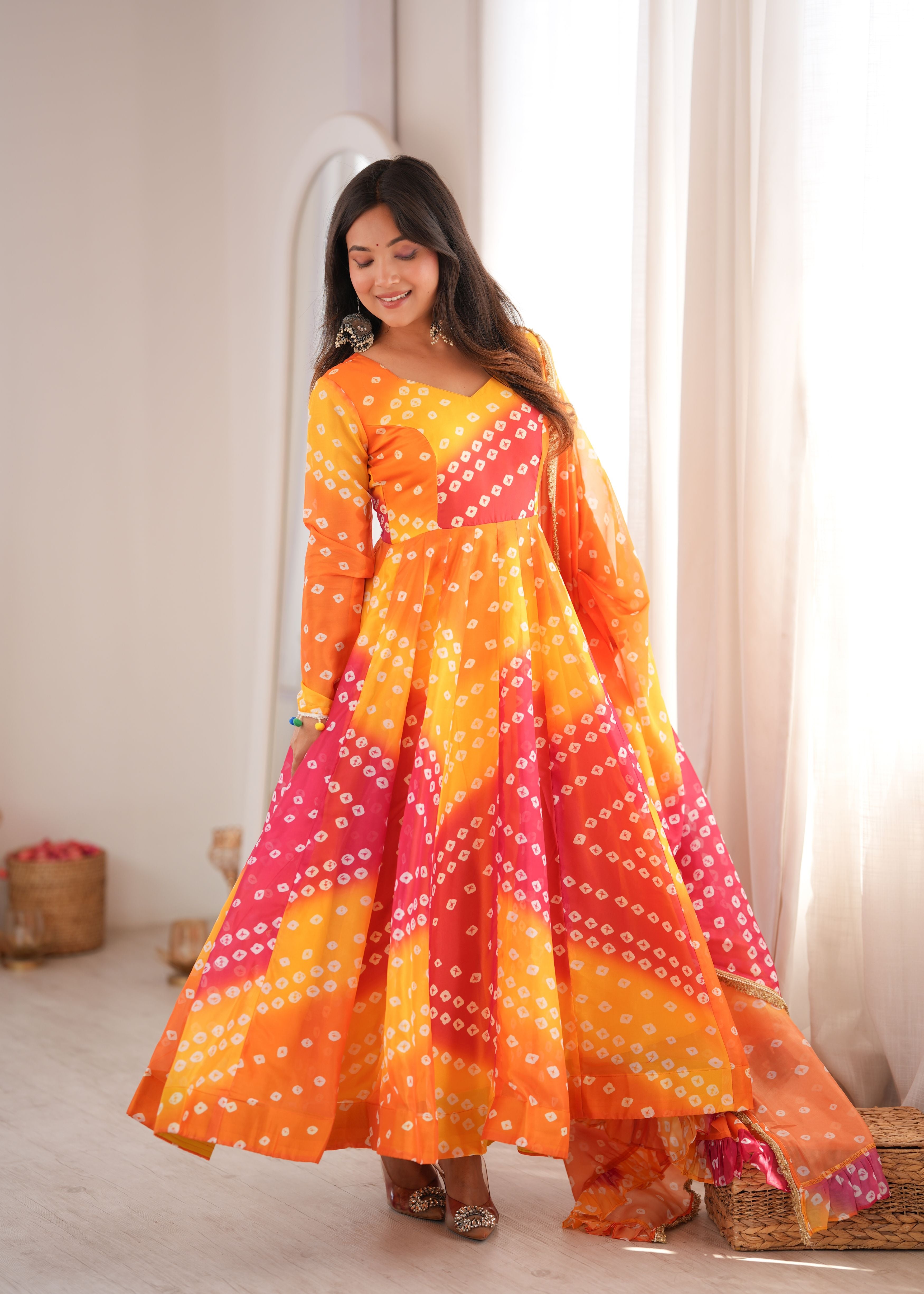 Sunset Orange Bandhani Printed Organza Anarkali Gown Set with Dupatta & Pant