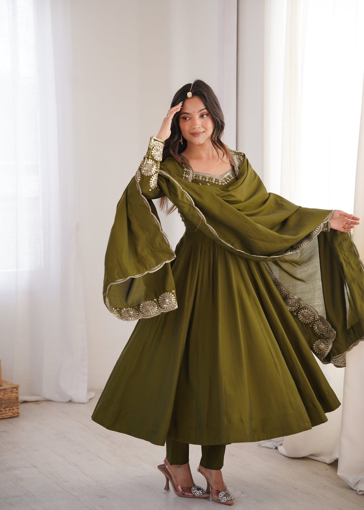 Olive Green Roman Silk Embroidered Anarkali Gown Set with Chanderi Dupatta