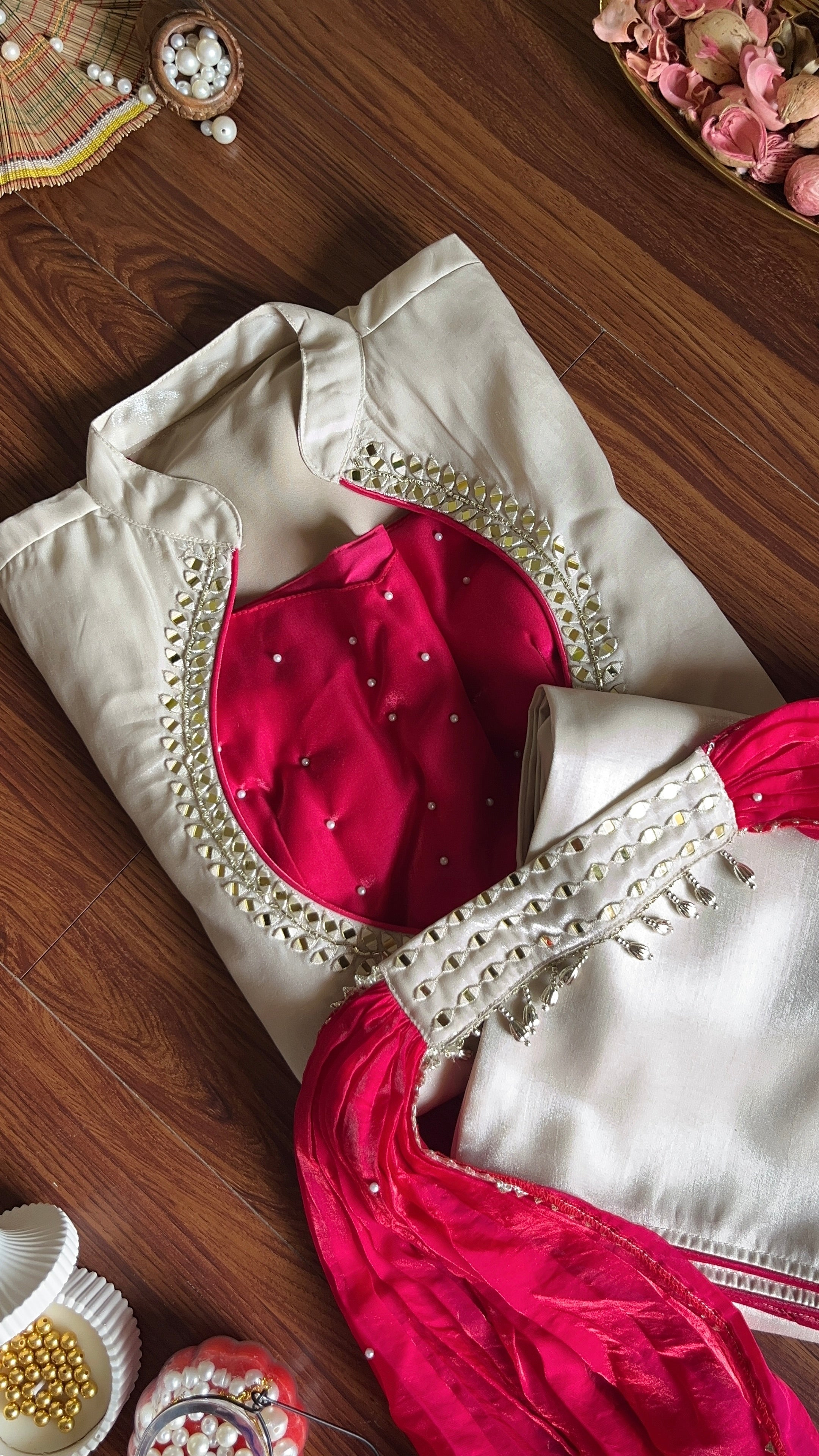 Ivory Pearl & Hot Pink Roman Glass Silk Mirror Work Kurti Palazzo Set
