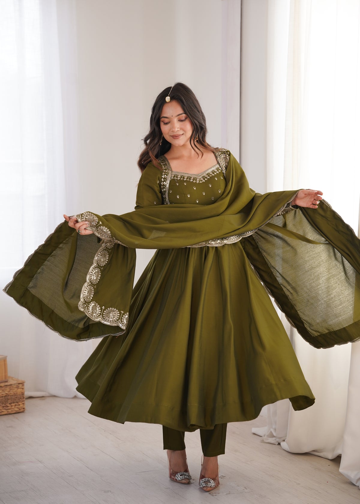 Olive Green Roman Silk Embroidered Anarkali Gown Set with Chanderi Dupatta