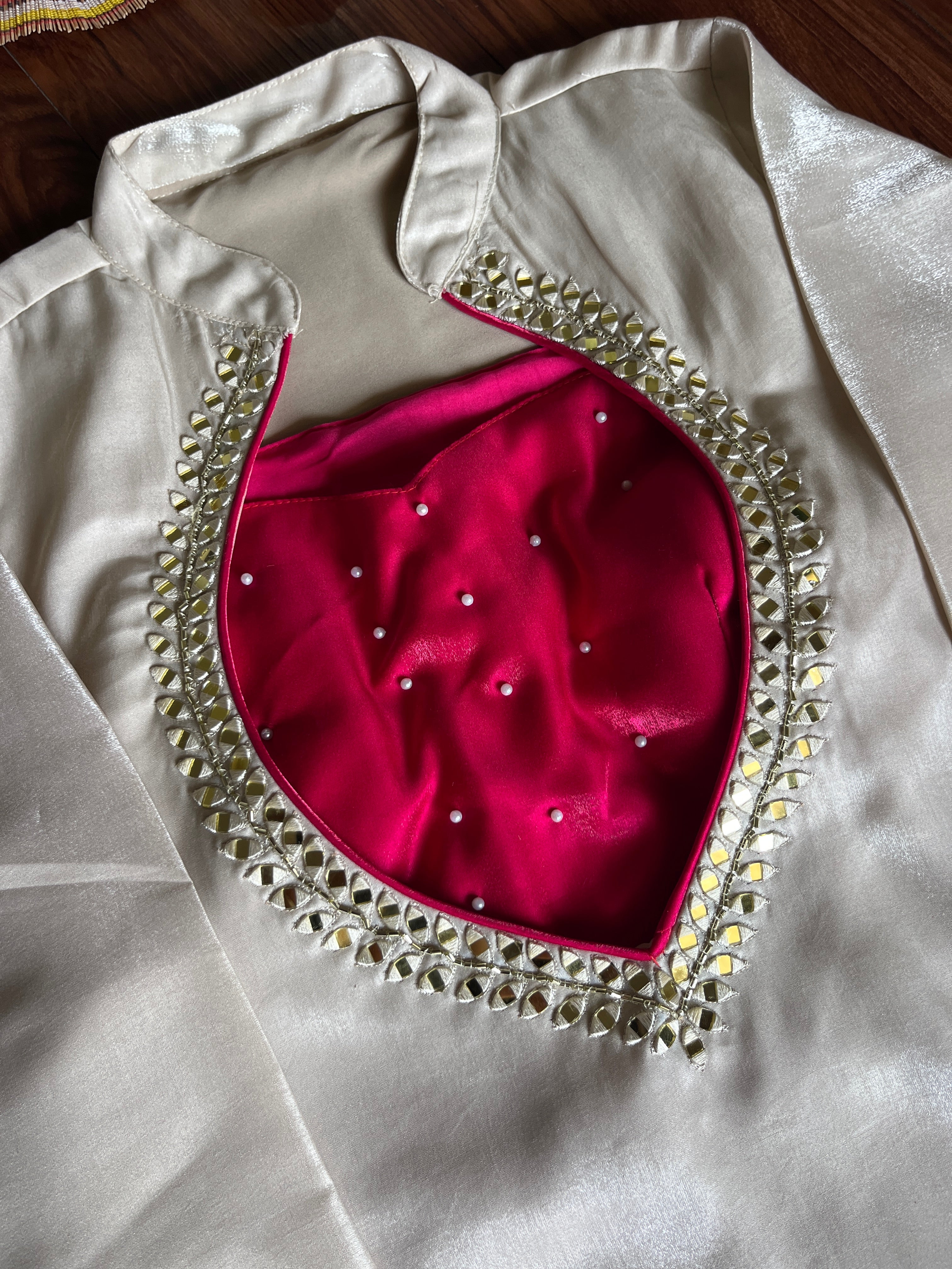 Ivory Pearl & Hot Pink Roman Glass Silk Mirror Work Kurti Palazzo Set
