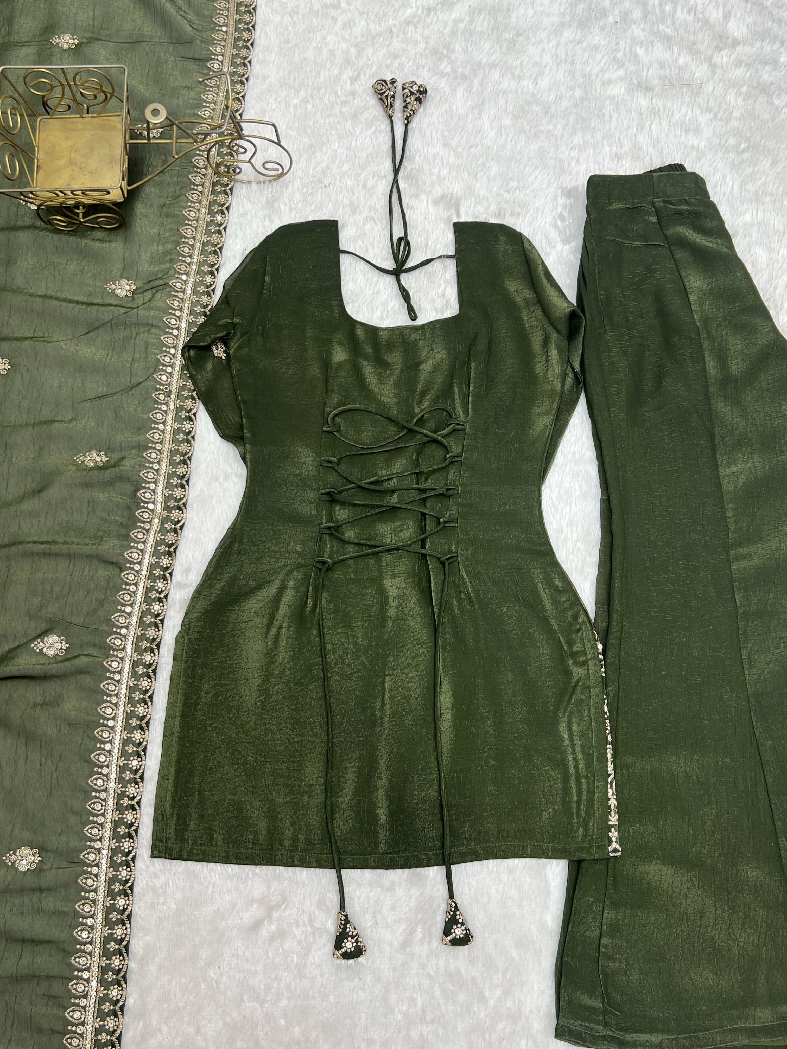 Mehendi Green Crunchy Silk Embroidered Kurta Set with Bell Bottom Pant & Dupatta