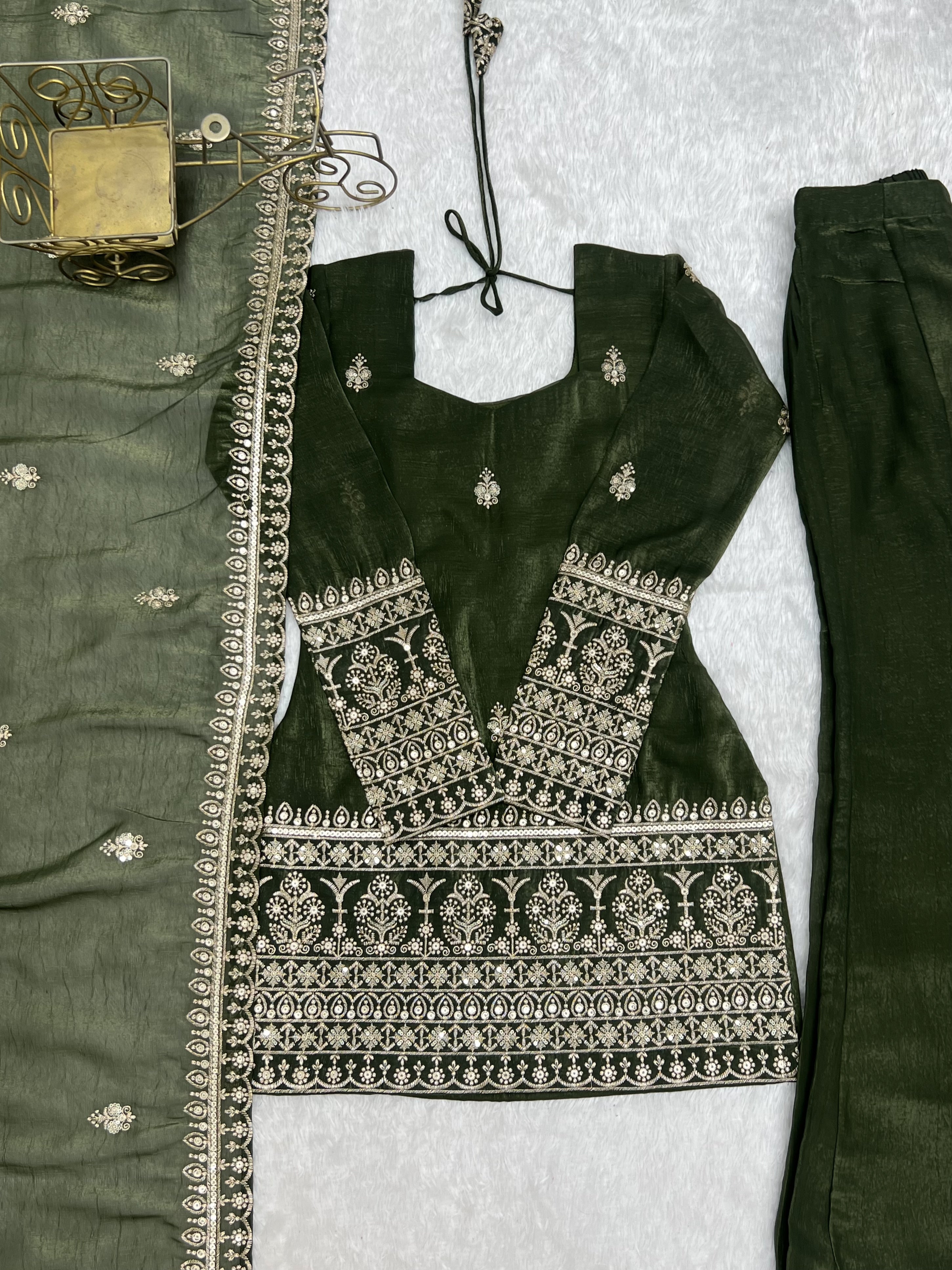 Mehendi Green Crunchy Silk Embroidered Kurta Set with Bell Bottom Pant & Dupatta