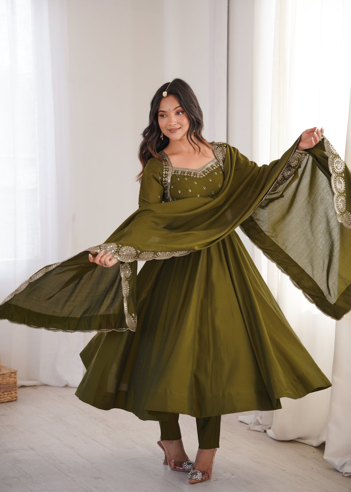 Olive Green Roman Silk Embroidered Anarkali Gown Set with Chanderi Dupatta