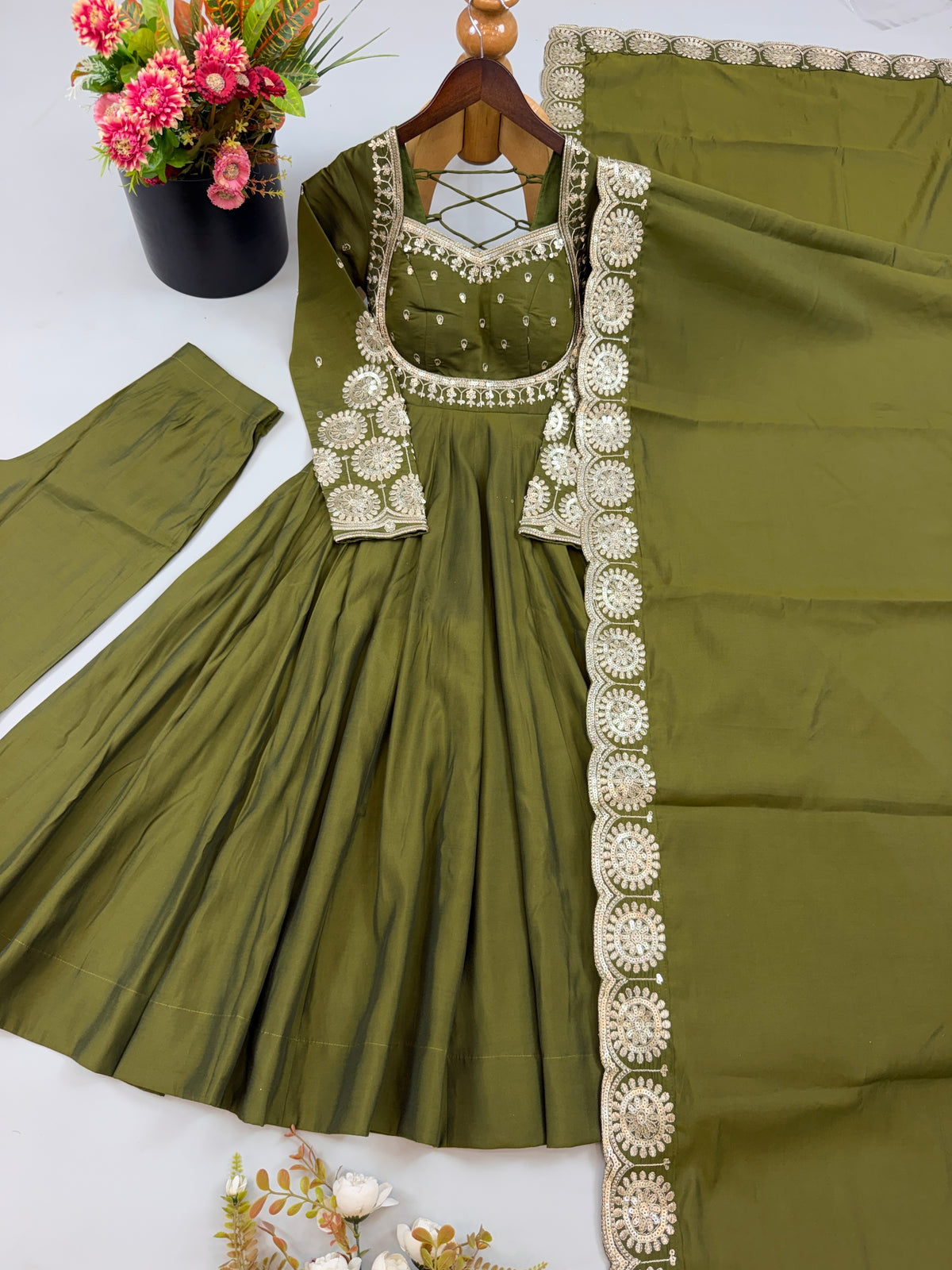 Olive Green Roman Silk Embroidered Anarkali Gown Set with Chanderi Dupatta