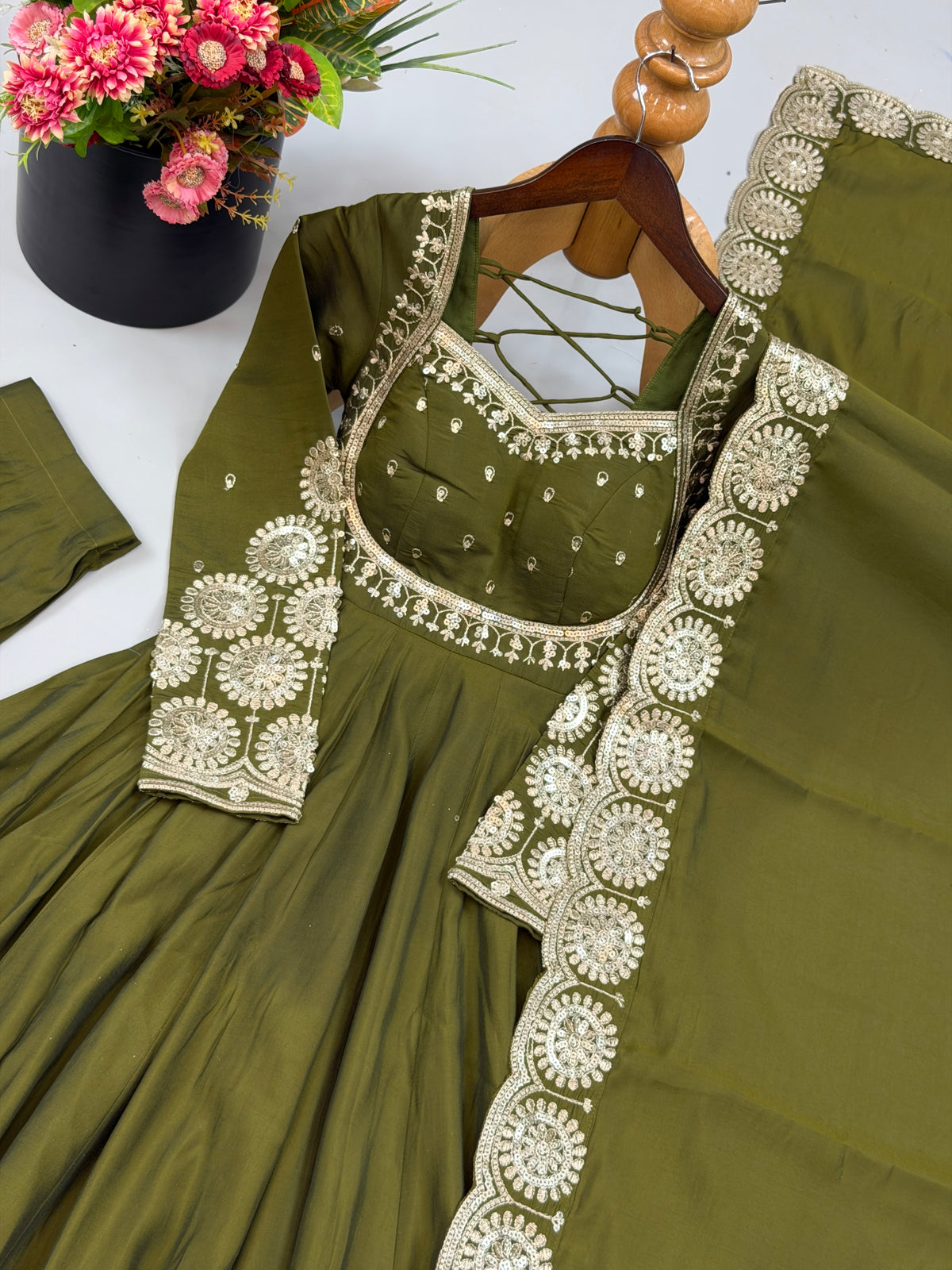Olive Green Roman Silk Embroidered Anarkali Gown Set with Chanderi Dupatta