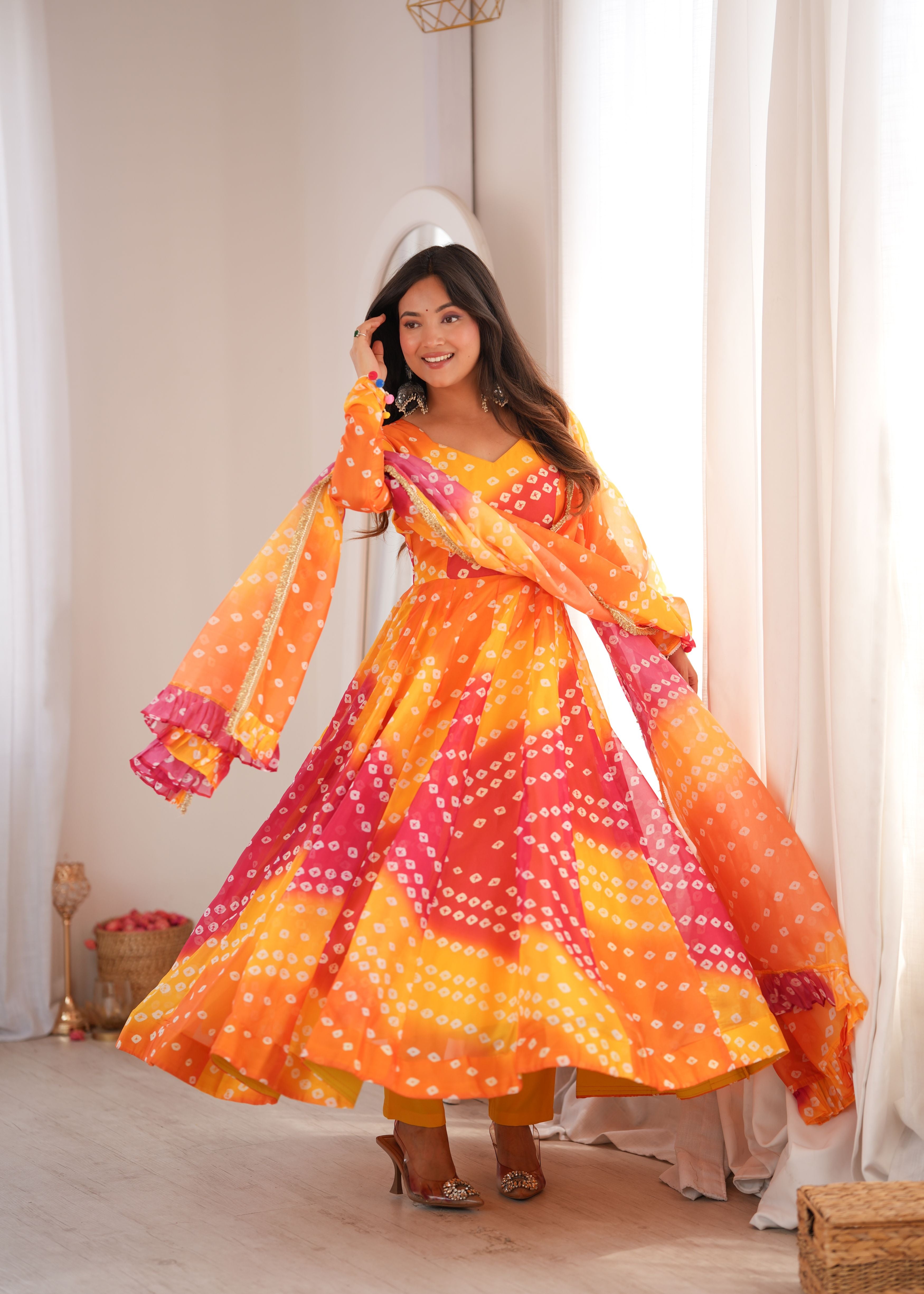 Sunset Orange Bandhani Printed Organza Anarkali Gown Set with Dupatta & Pant