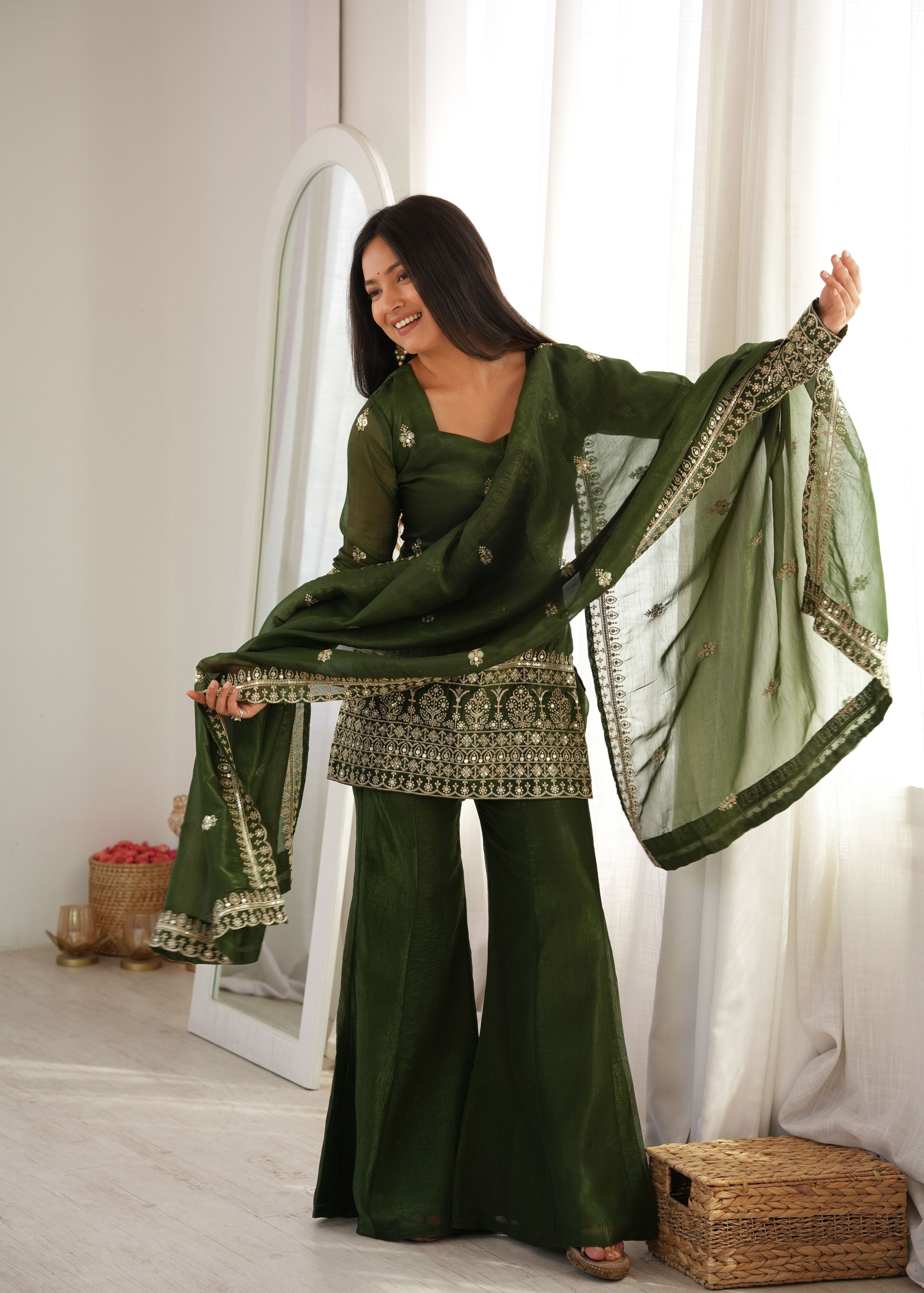 Mehendi Green Crunchy Silk Embroidered Kurta Set with Bell Bottom Pant & Dupatta