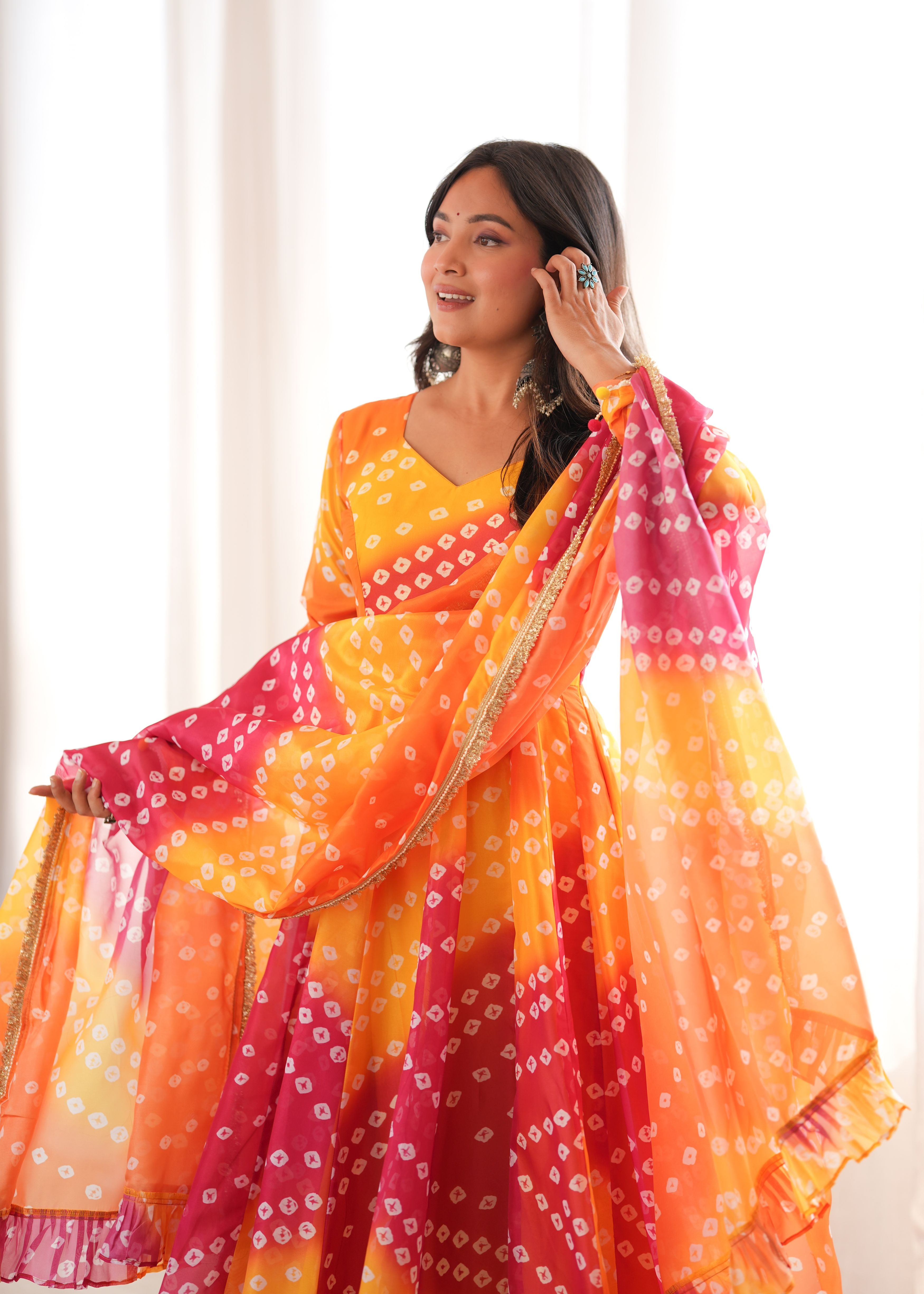 Sunset Orange Bandhani Printed Organza Anarkali Gown Set with Dupatta & Pant