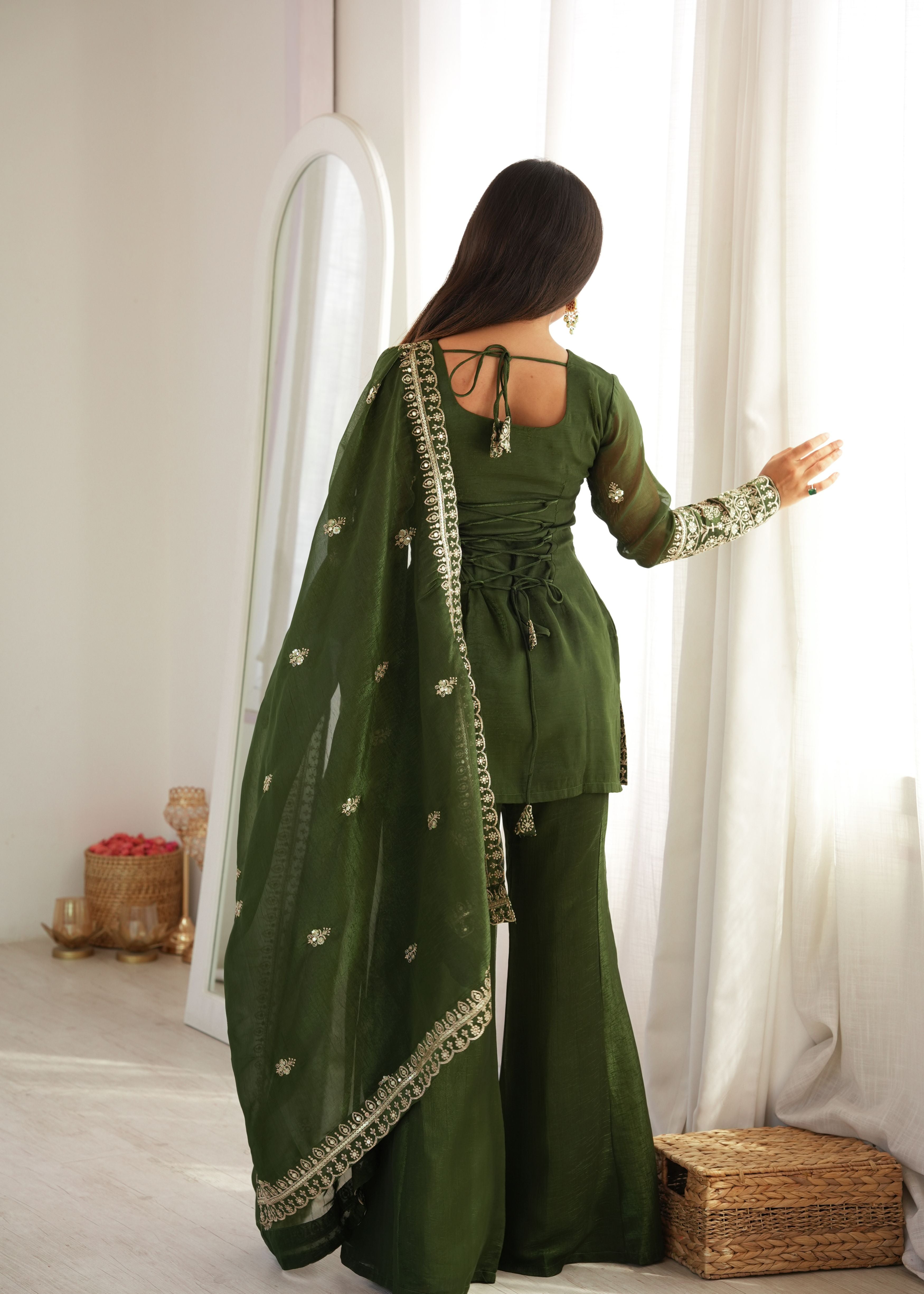 Mehendi Green Crunchy Silk Embroidered Kurta Set with Bell Bottom Pant & Dupatta