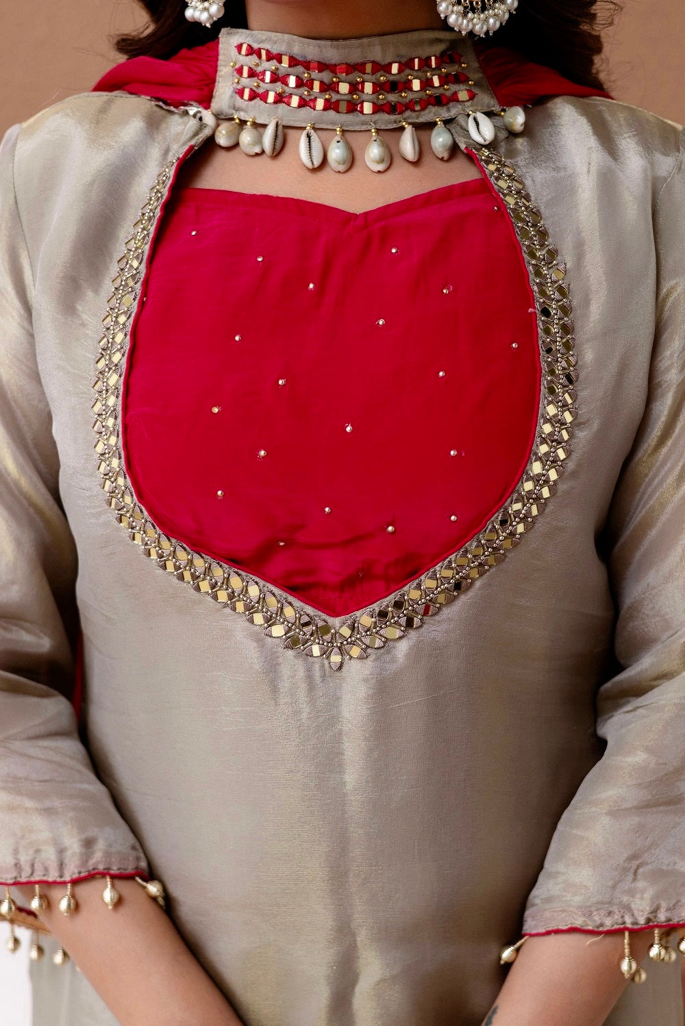 Ivory Pearl & Hot Pink Roman Glass Silk Mirror Work Kurti Palazzo Set