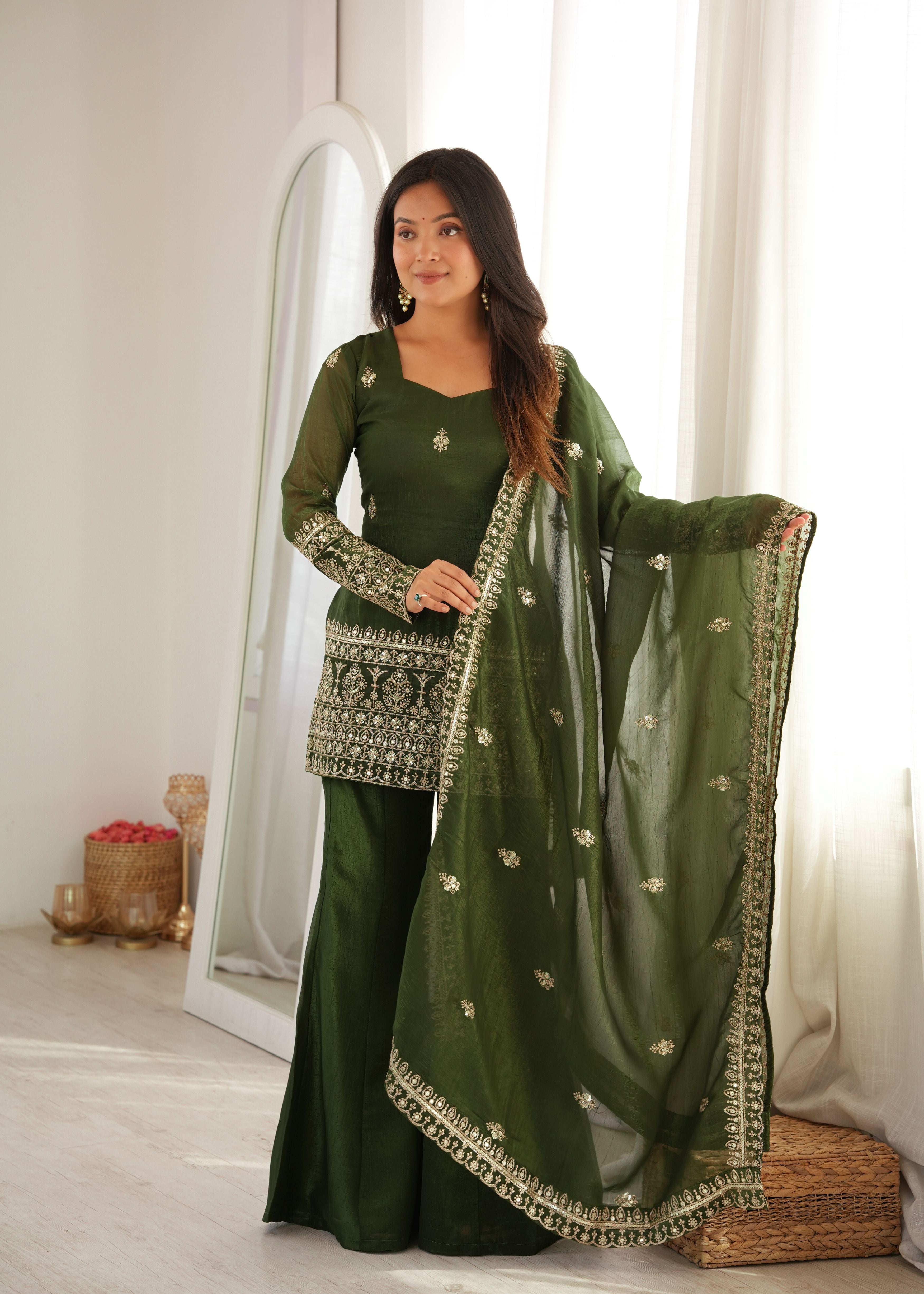 Mehendi Green Crunchy Silk Embroidered Kurta Set with Bell Bottom Pant & Dupatta