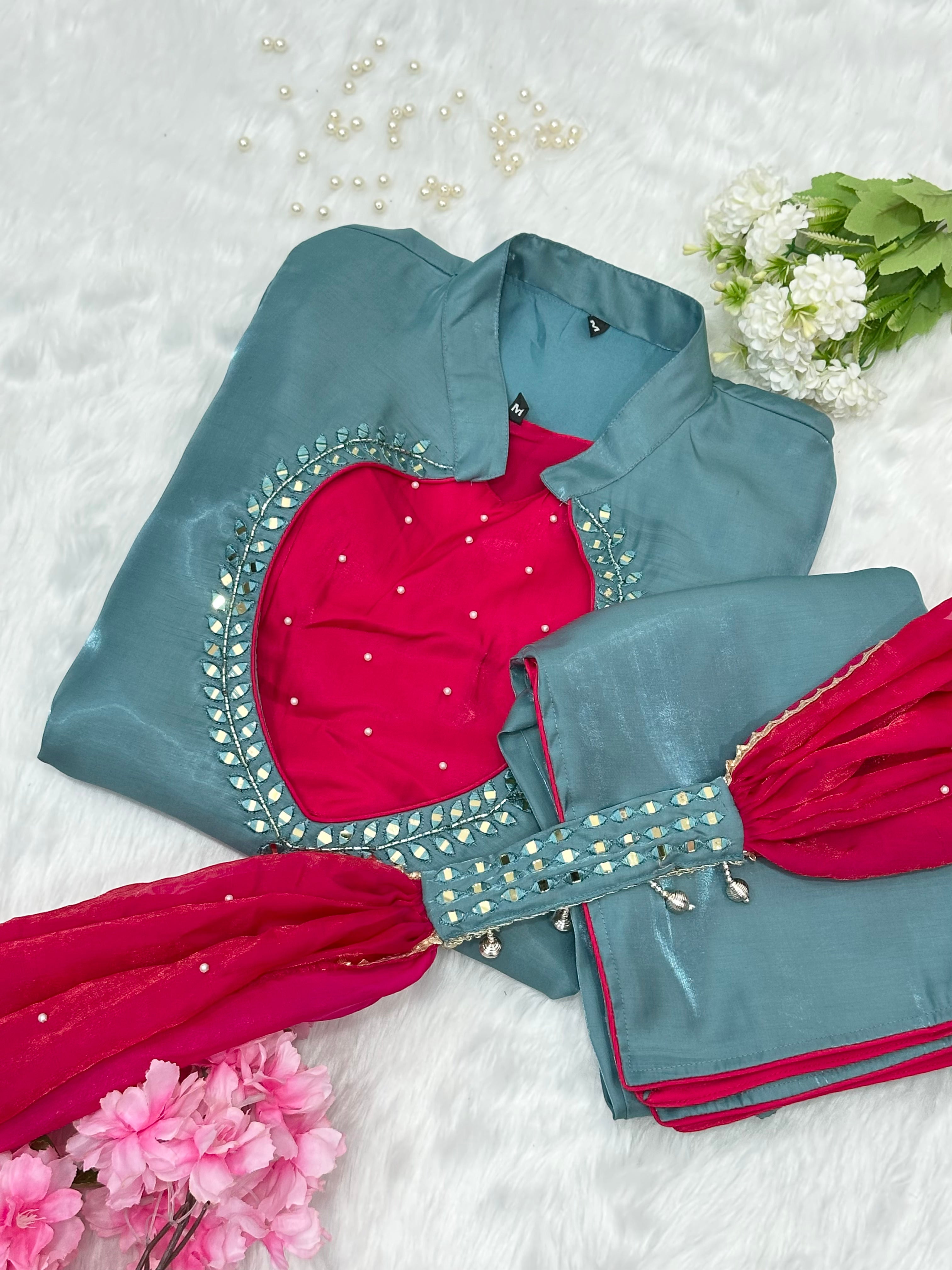 Teal Blue & Rani Pink Roman Glass Silk Mirror Work Kurti Palazzo Set