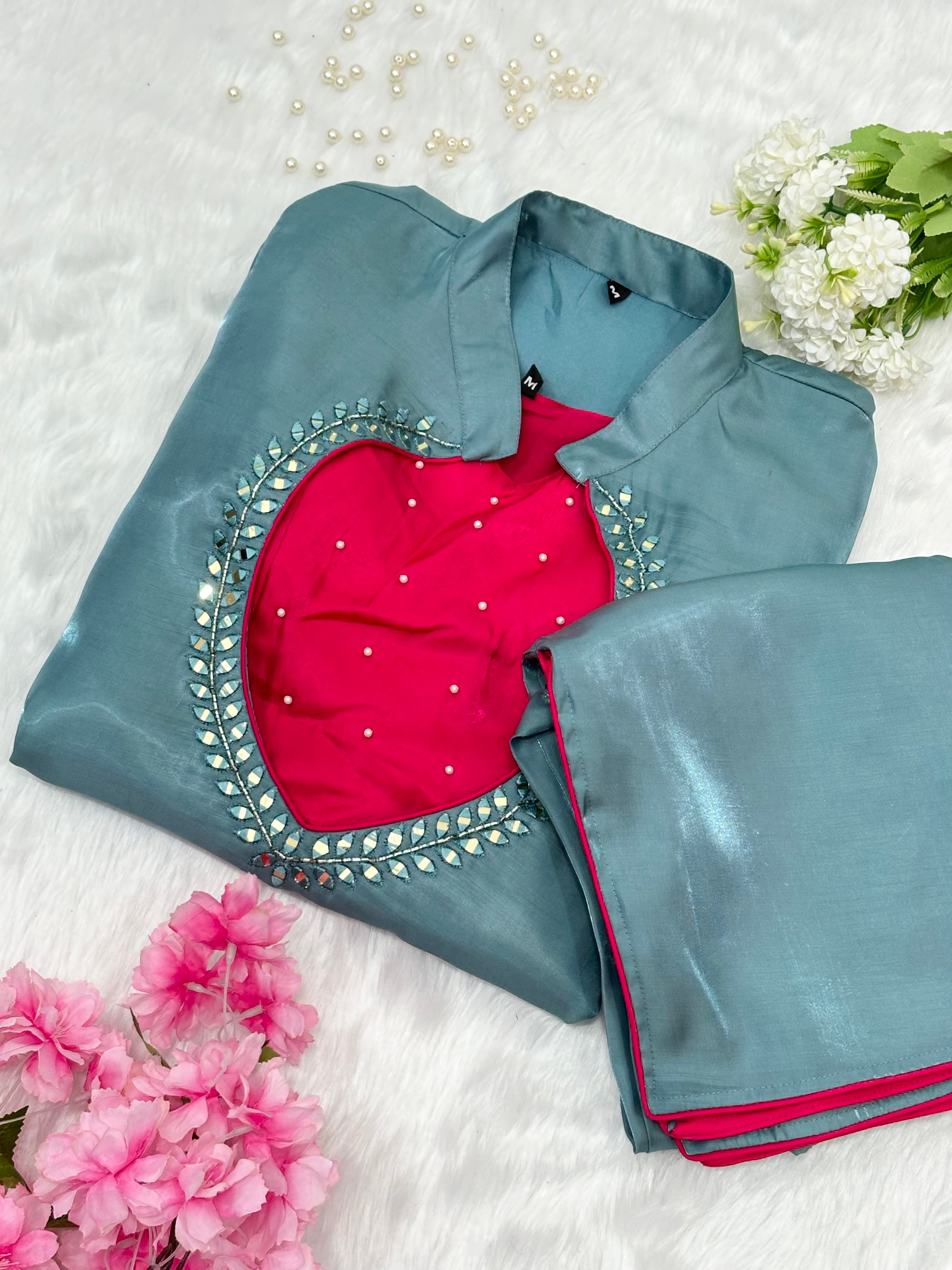 Teal Blue & Rani Pink Roman Glass Silk Mirror Work Kurti Palazzo Set