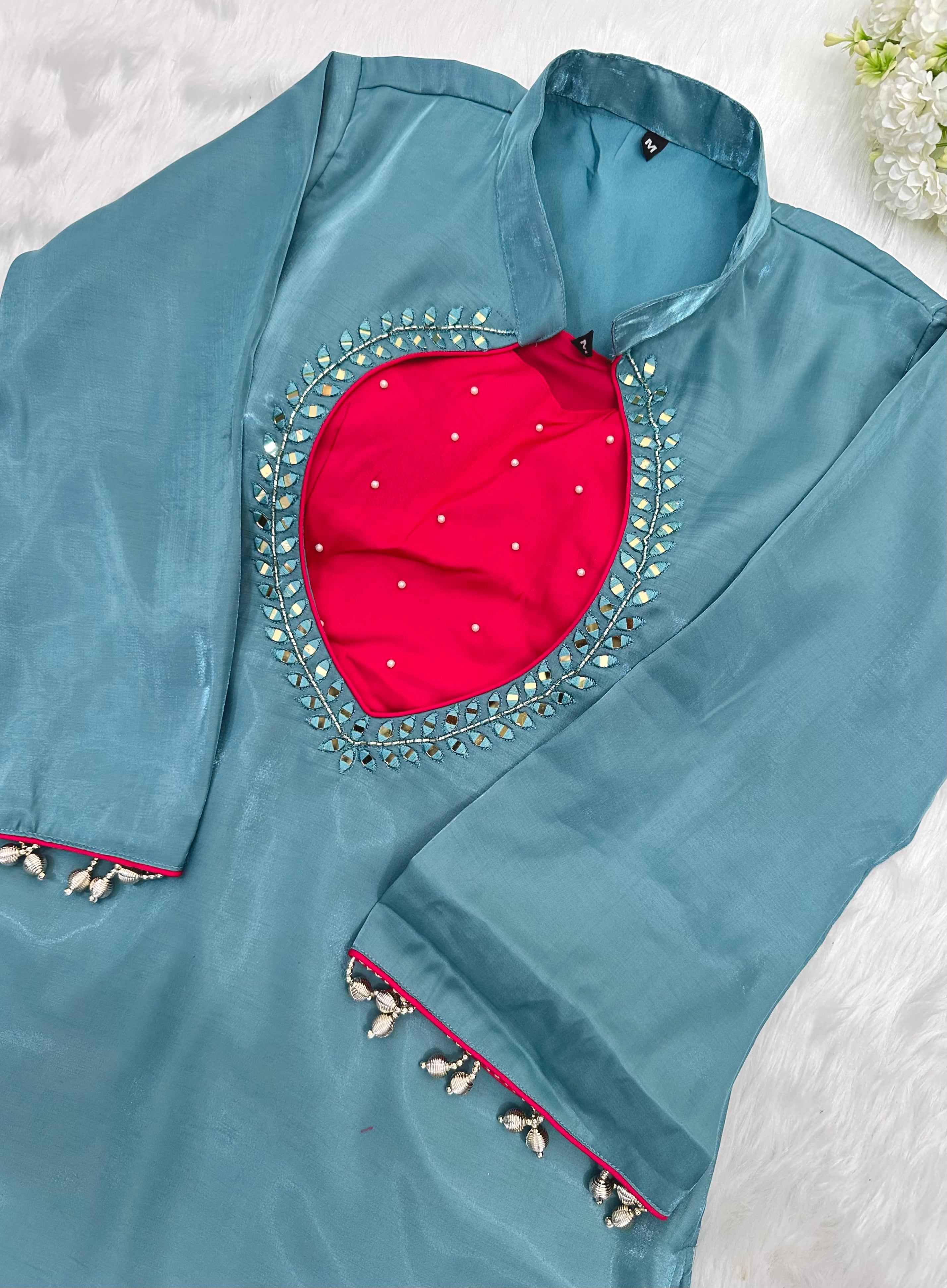 Teal Blue & Rani Pink Roman Glass Silk Mirror Work Kurti Palazzo Set