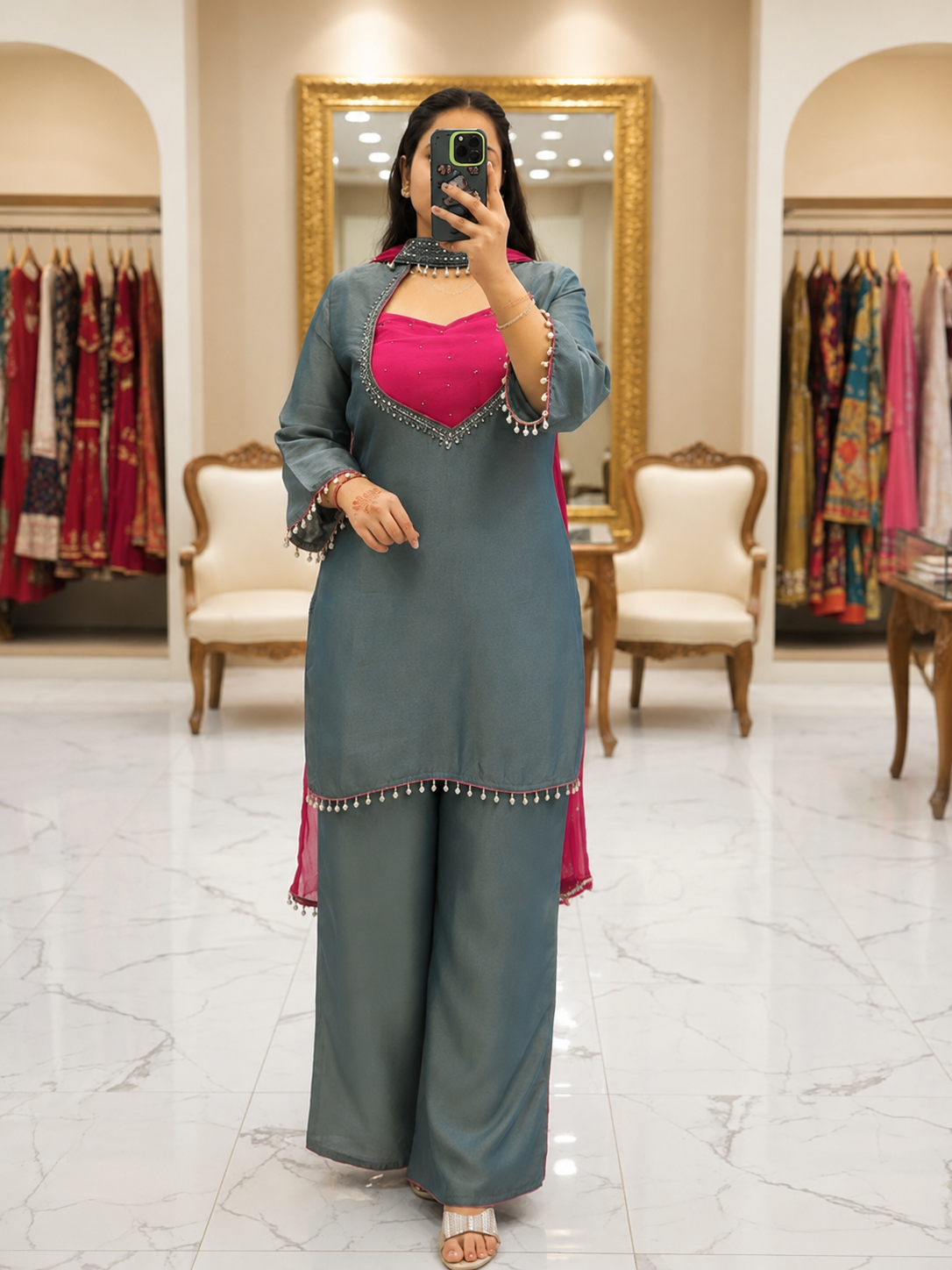 Teal Blue & Rani Pink Roman Glass Silk Mirror Work Kurti Palazzo Set