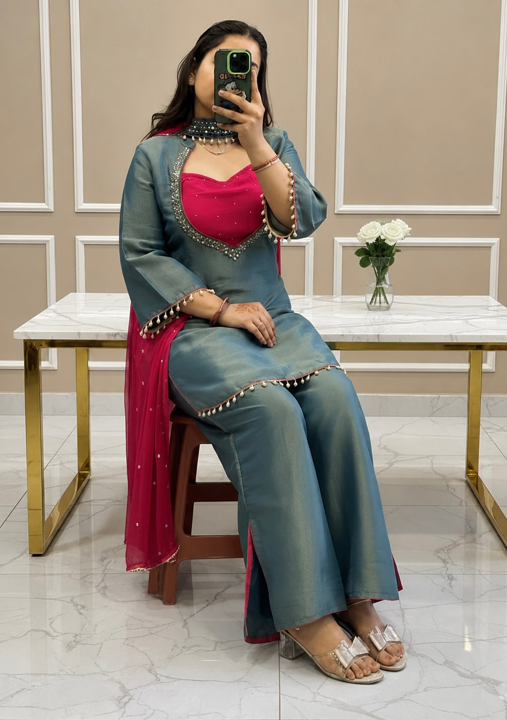 Teal Blue & Rani Pink Roman Glass Silk Mirror Work Kurti Palazzo Set