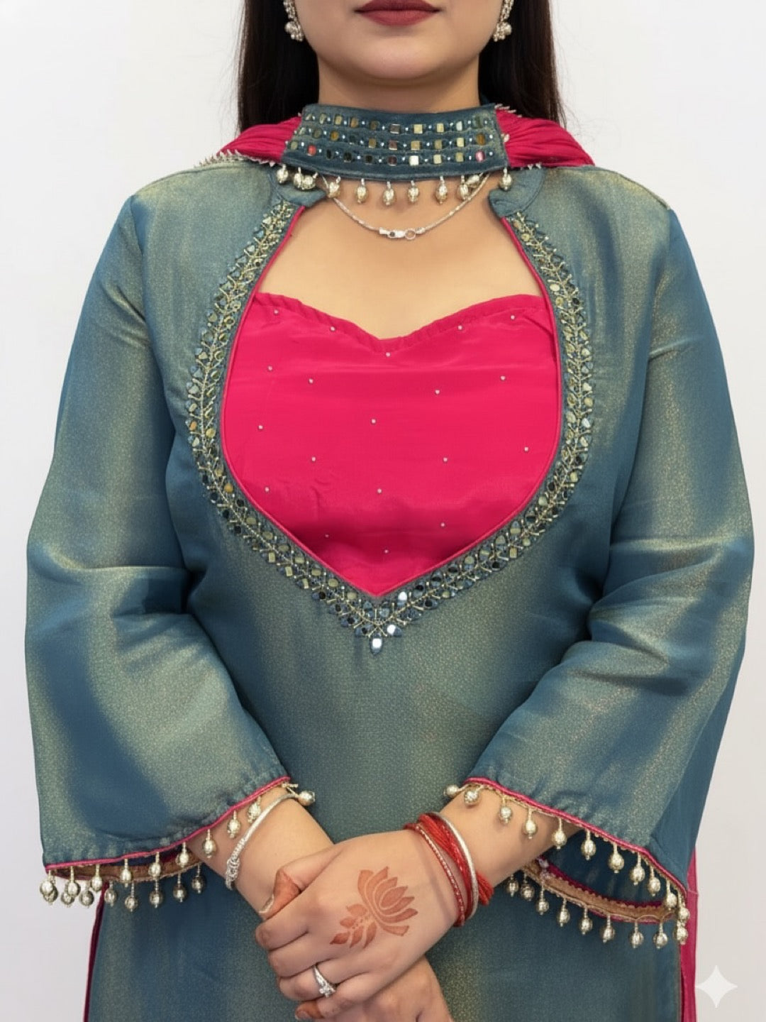 Teal Blue & Rani Pink Roman Glass Silk Mirror Work Kurti Palazzo Set