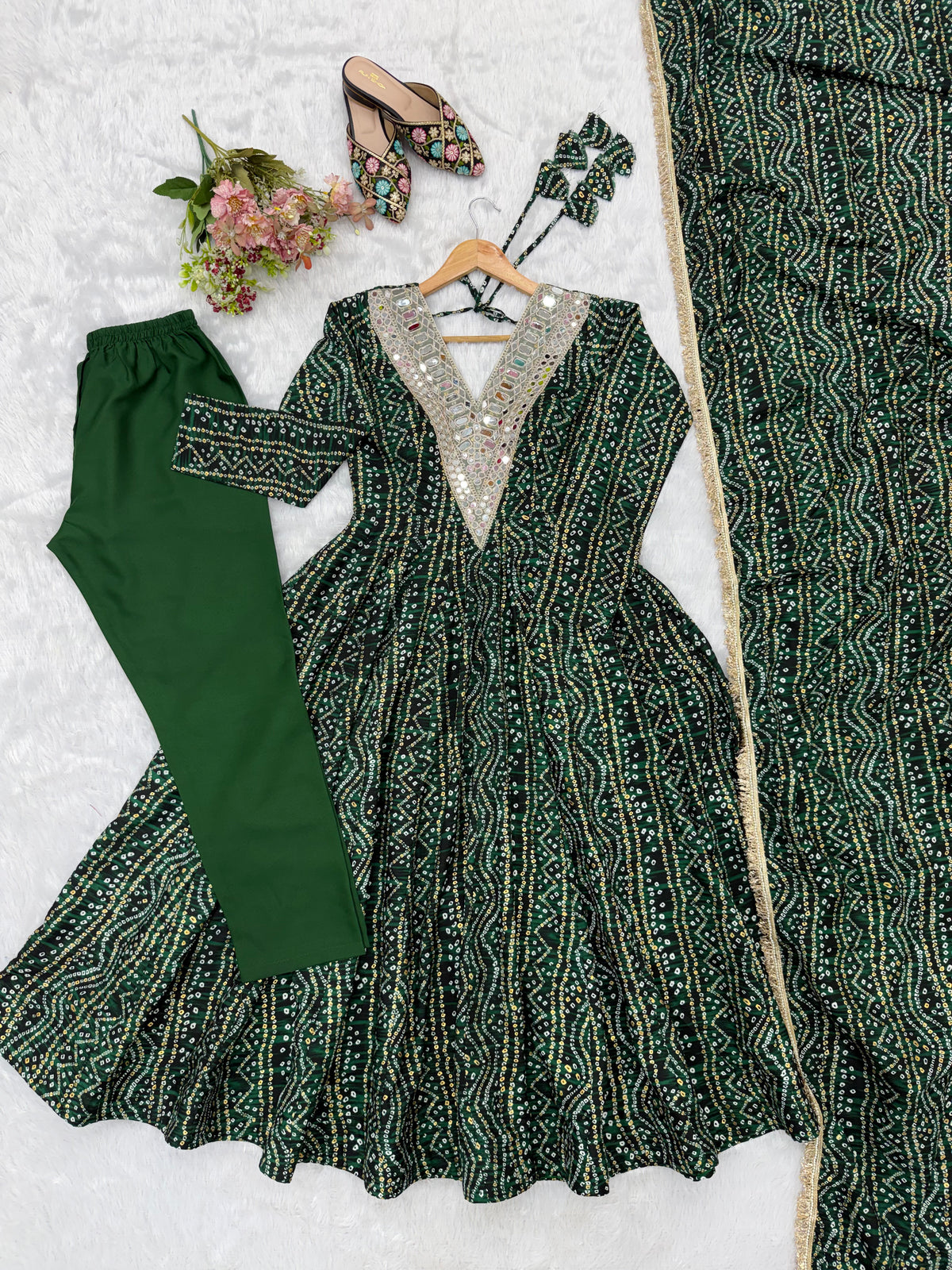 Bottle Green Rayon Mirror Embroidered Anarkali Gown Set with Dupatta
