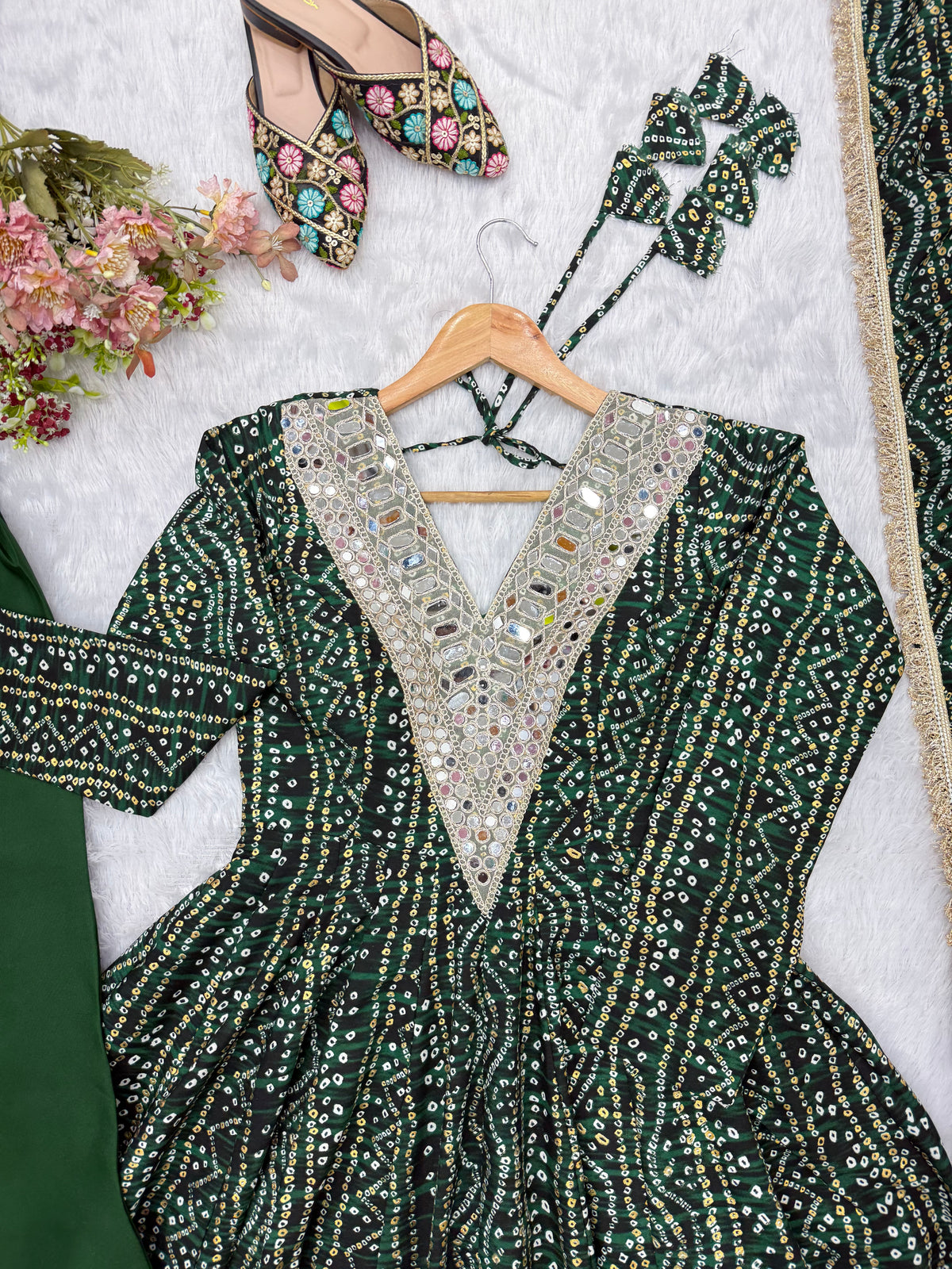 Bottle Green Rayon Mirror Embroidered Anarkali Gown Set with Dupatta