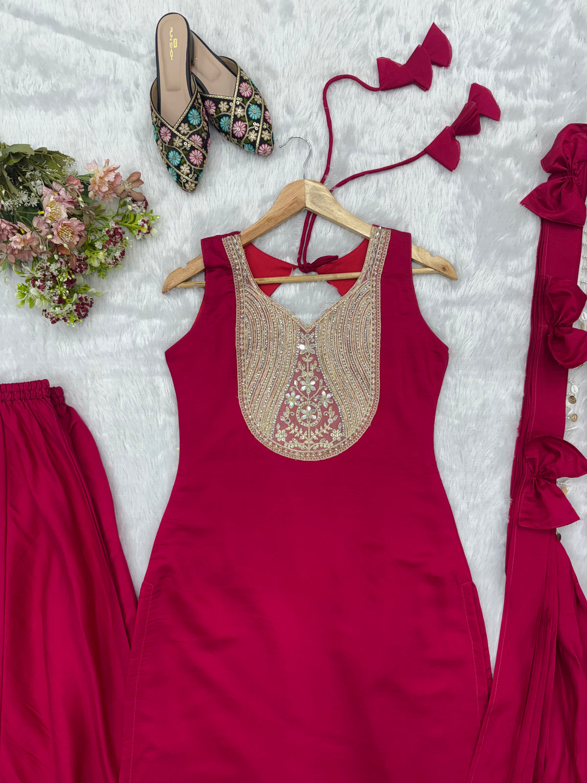 Wine Magenta Roman Silk Mirror Work Kurta Palazzo Set with Bow Dupatta