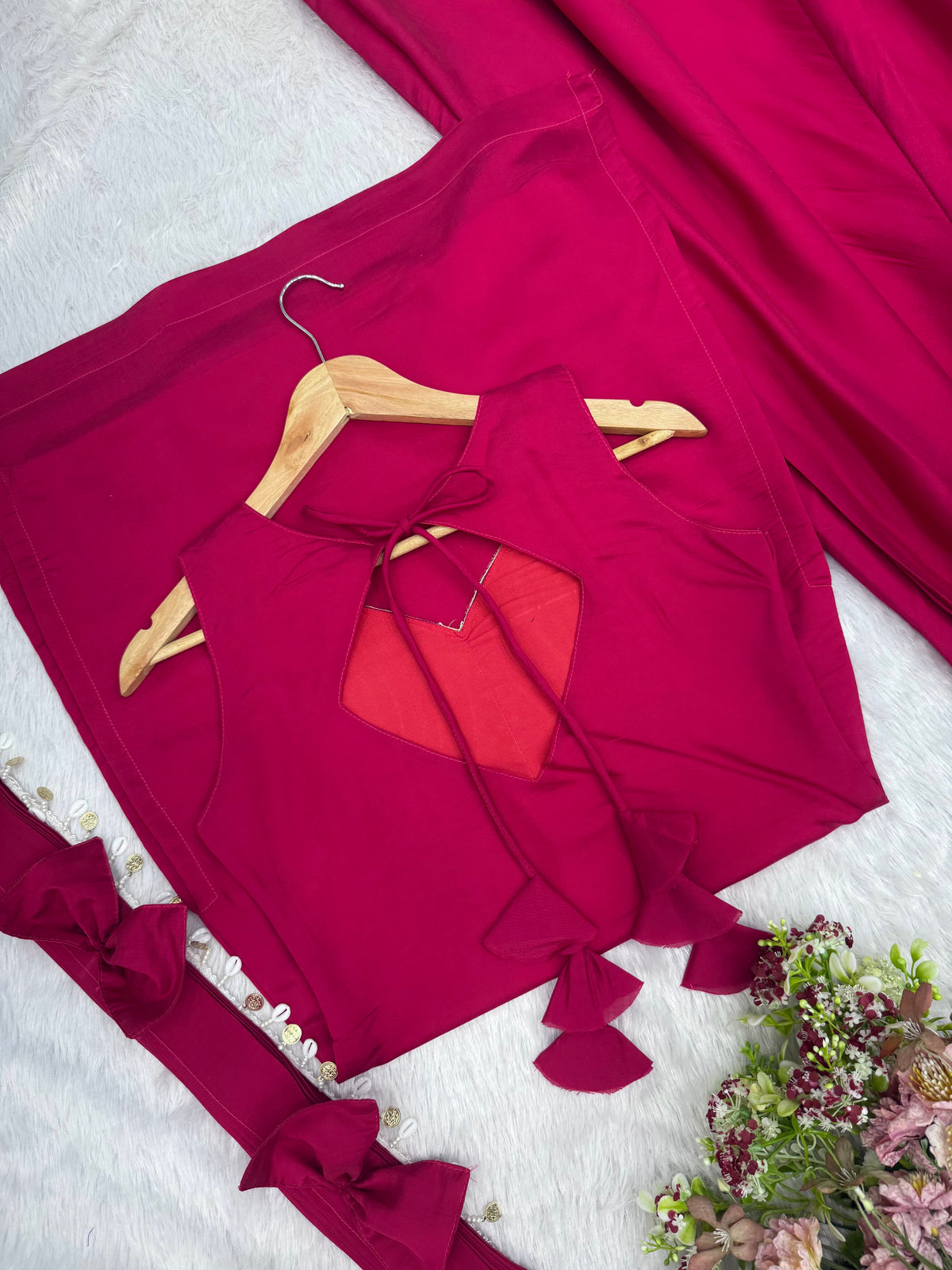 Wine Magenta Roman Silk Mirror Work Kurta Palazzo Set with Bow Dupatta